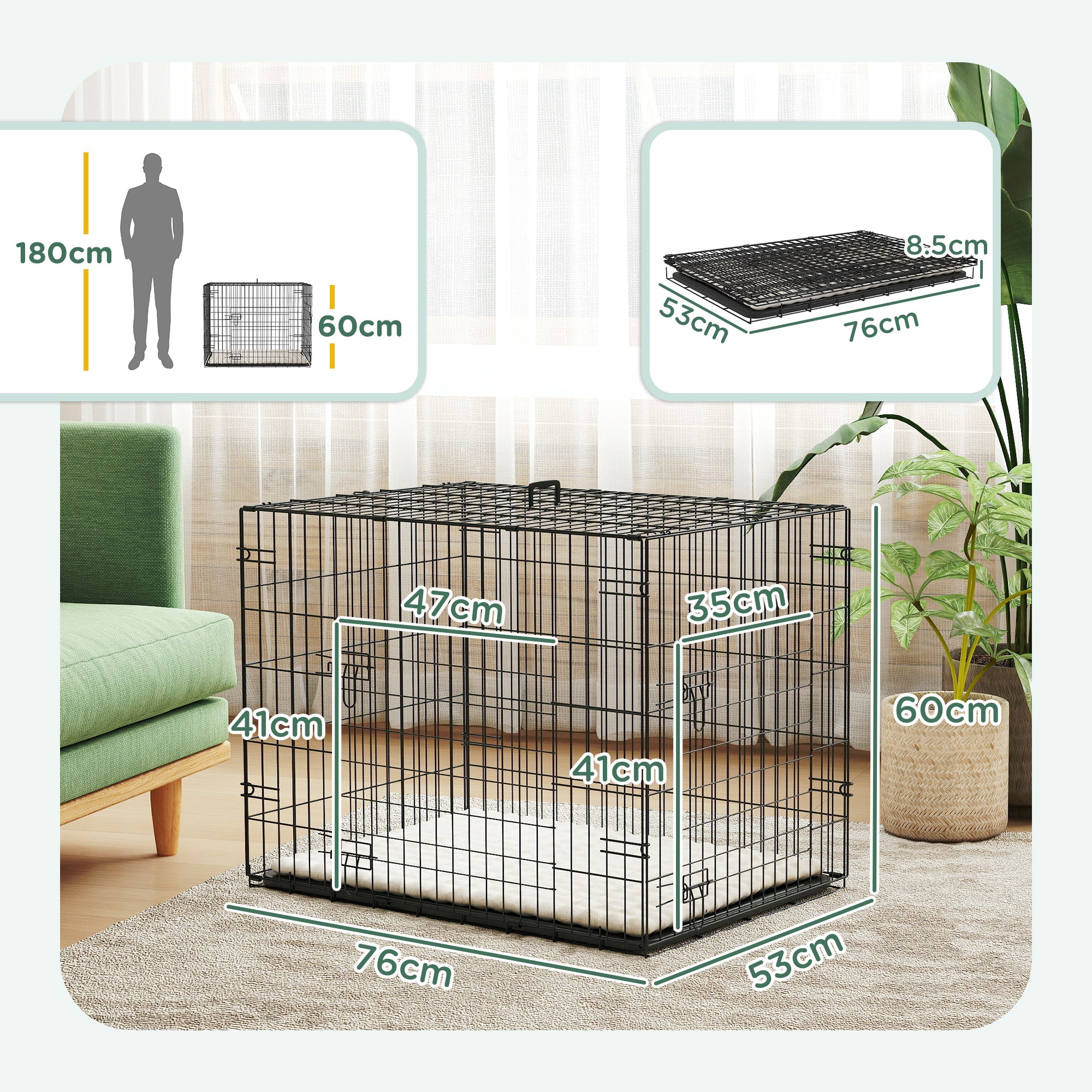 Foldable Small Dog Crate with 2 Doors, Tray & Cushion, 76x53x60 cm - Black