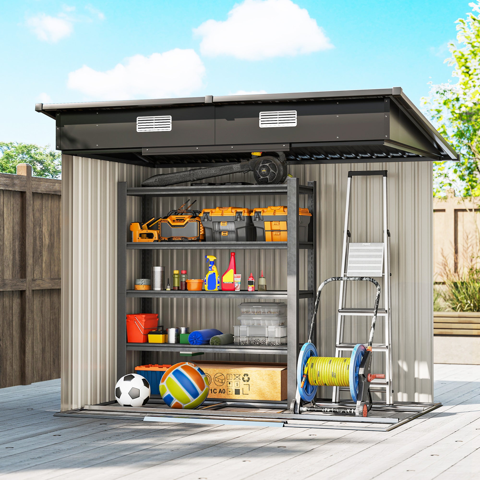 7 x 4ft Outdoor Storage Shed with Foundation Kit, Lean to Metal Garden Shed for Log, Rubbish Bin, Tool, Bike, Light Grey
