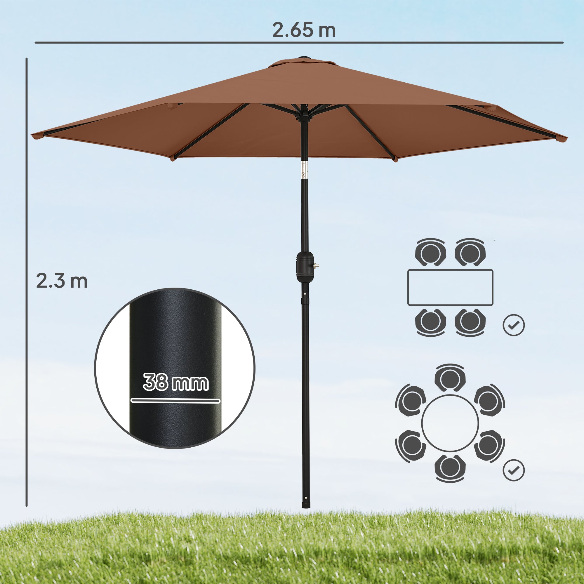 2.6 m Garden Parasol Umbrella with Aluminium Pole, Outdoor Patio Umbrella with Tilt and Crank, Vent, Coffee