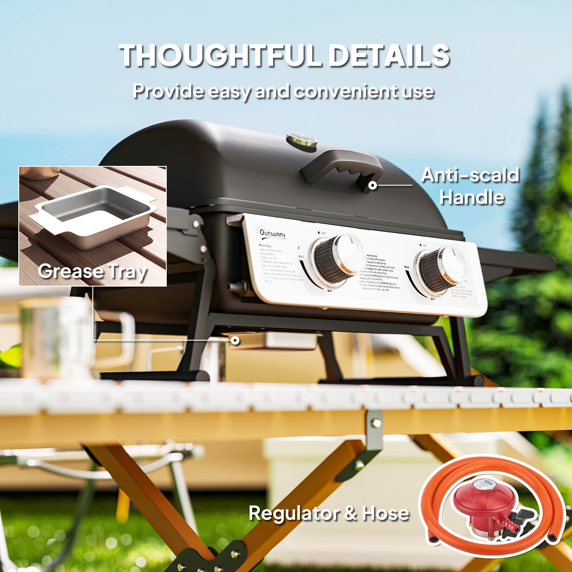 Two-Burner Compact Gas Grill with 2 Folding Side Shelves - Black