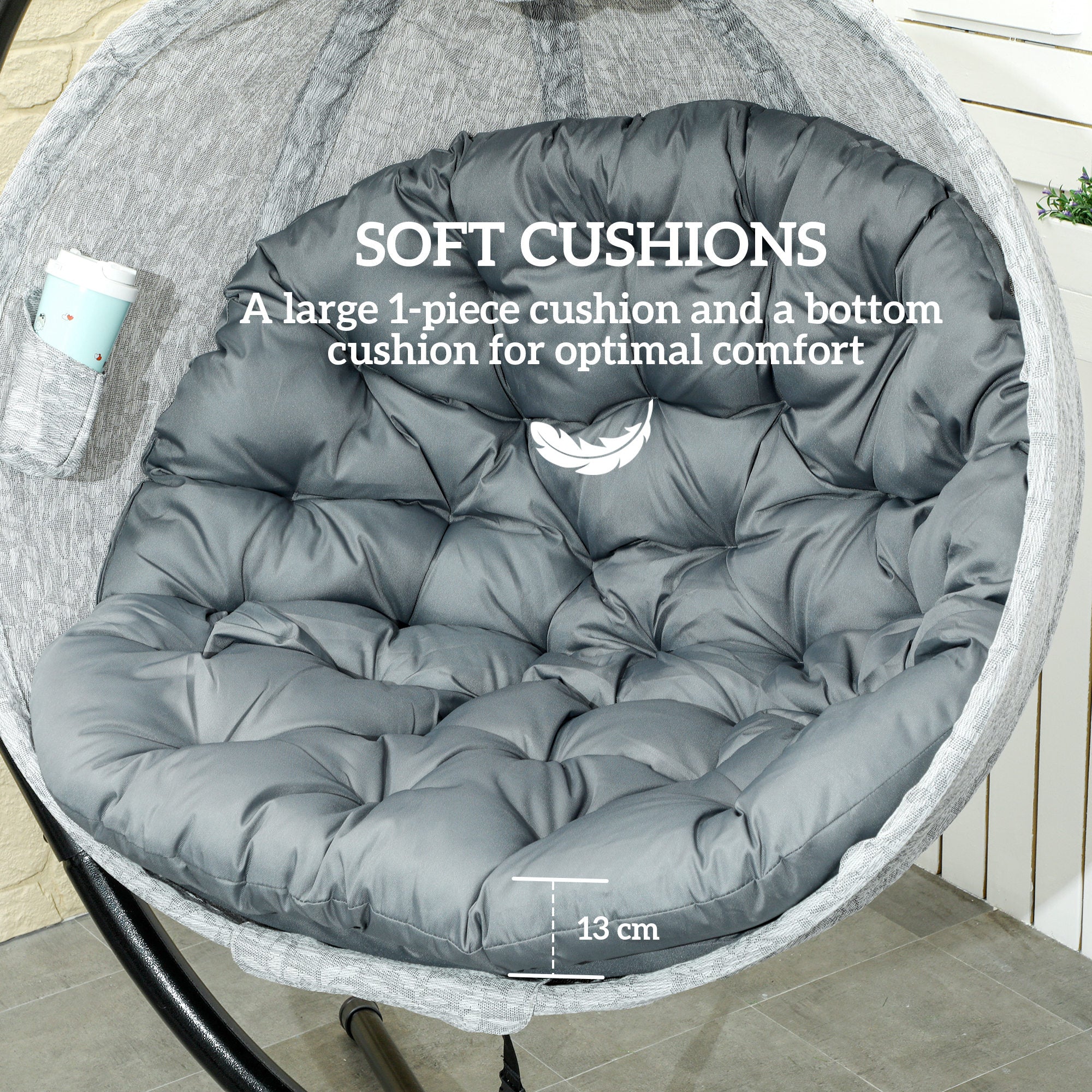 Hanging Egg Chair with Stand and Thick Cushions - Grey