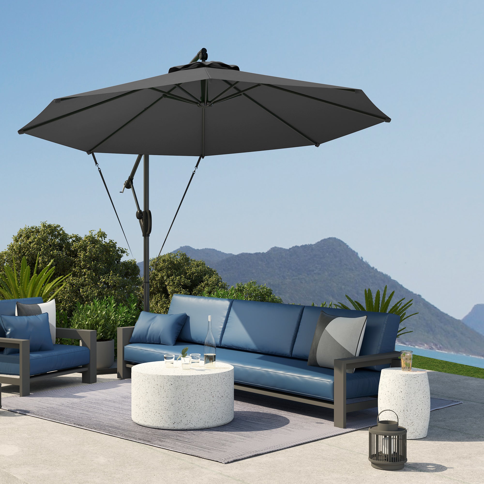 3m Garden Cantilever Parasol with Crank, Tilt, Cover & Wind Strap - Grey
