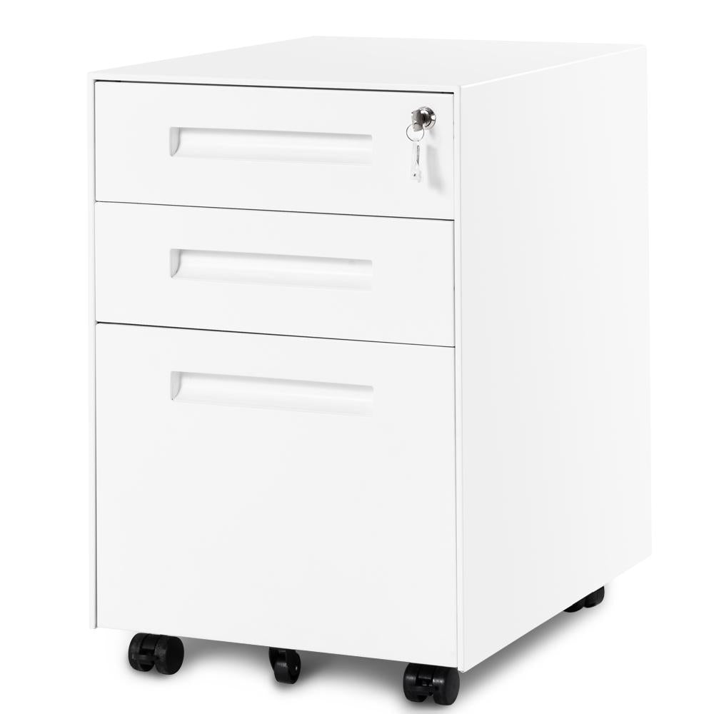 3 Drawer Mobile File Cabinet with Lockable Drawers and Casters, Steel Filing Pedestal with Enamel Finish, 41L x 52W x 60H cm, White