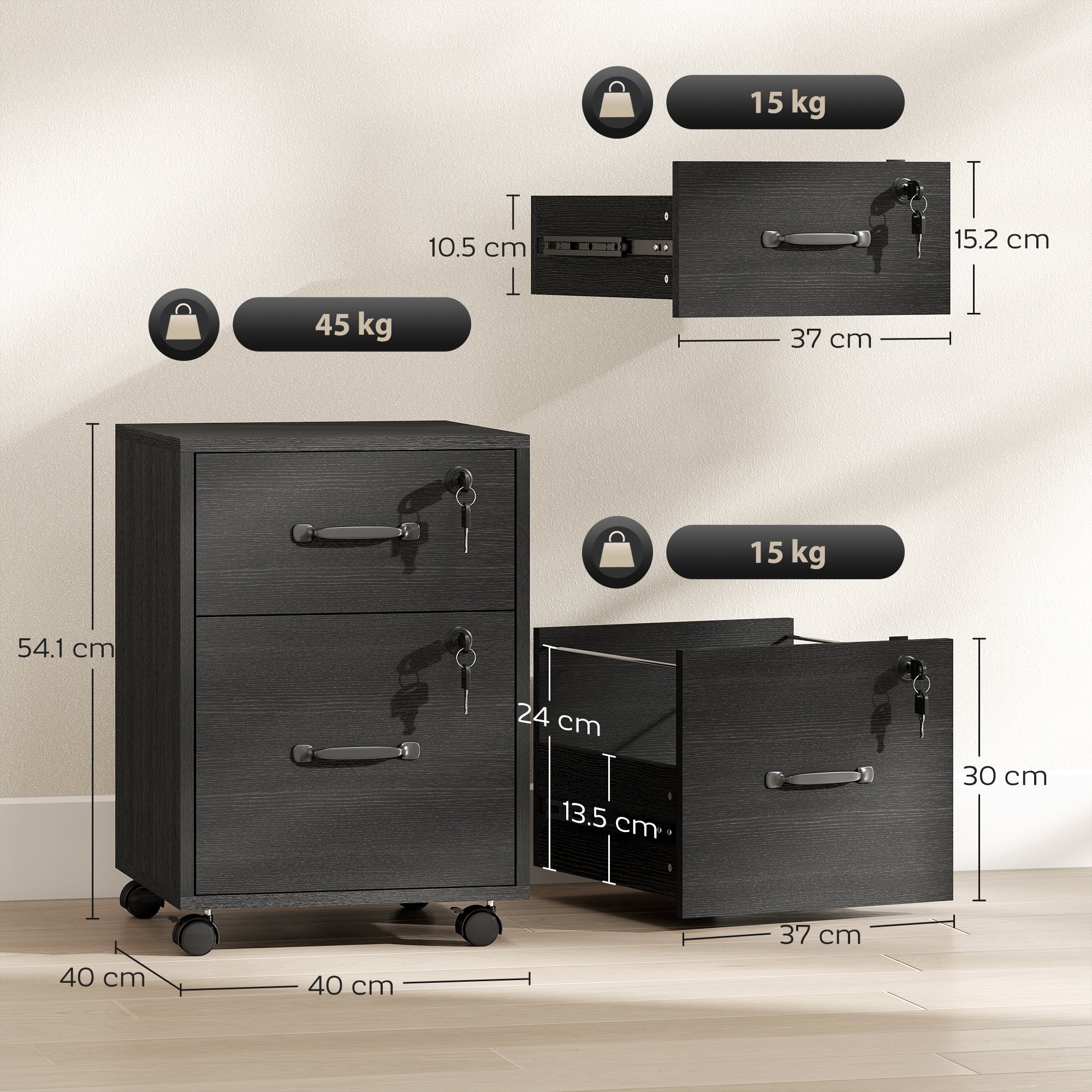 Rolling File Cabinet with 2 Drawers, Mobile Filing Cabinet with Hanging File Folder for Letter Sized Documents, Black