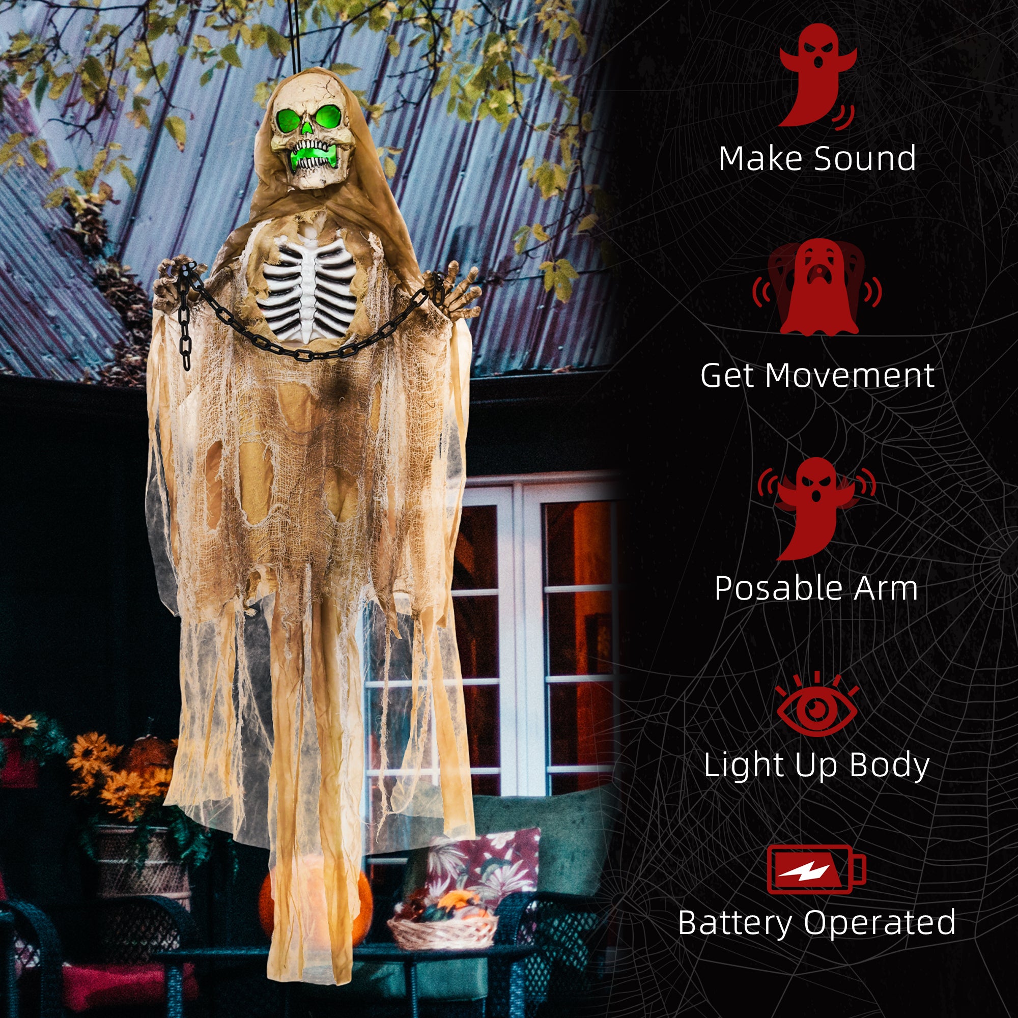 6' Hanging Skeleton Ghost Halloween Animatronic, with Glowing Eyes and Chest