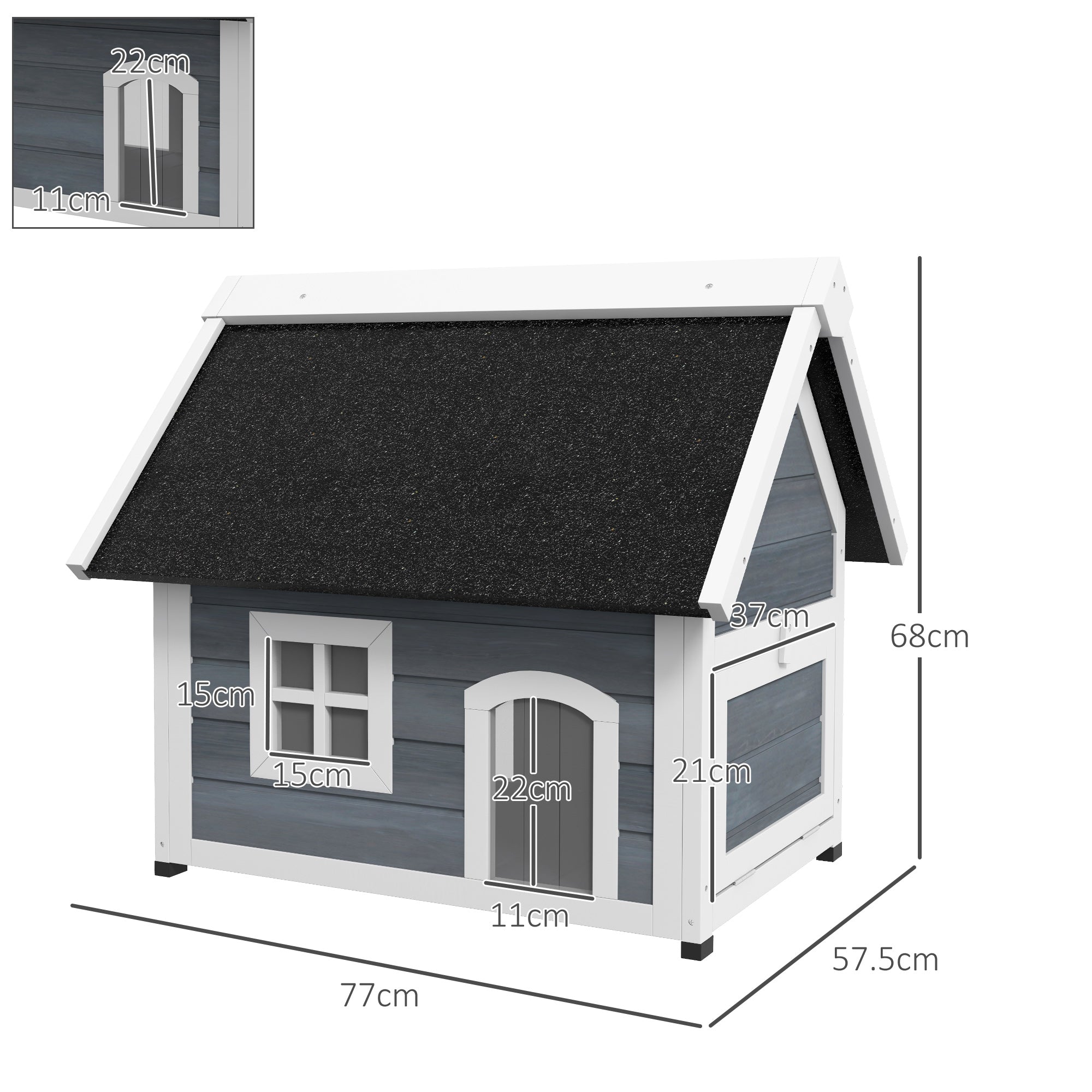 Outdoor Cat House, Wooden Feral Cat Shelter, with Openable Asphalt Roof, Three Doors - Grey