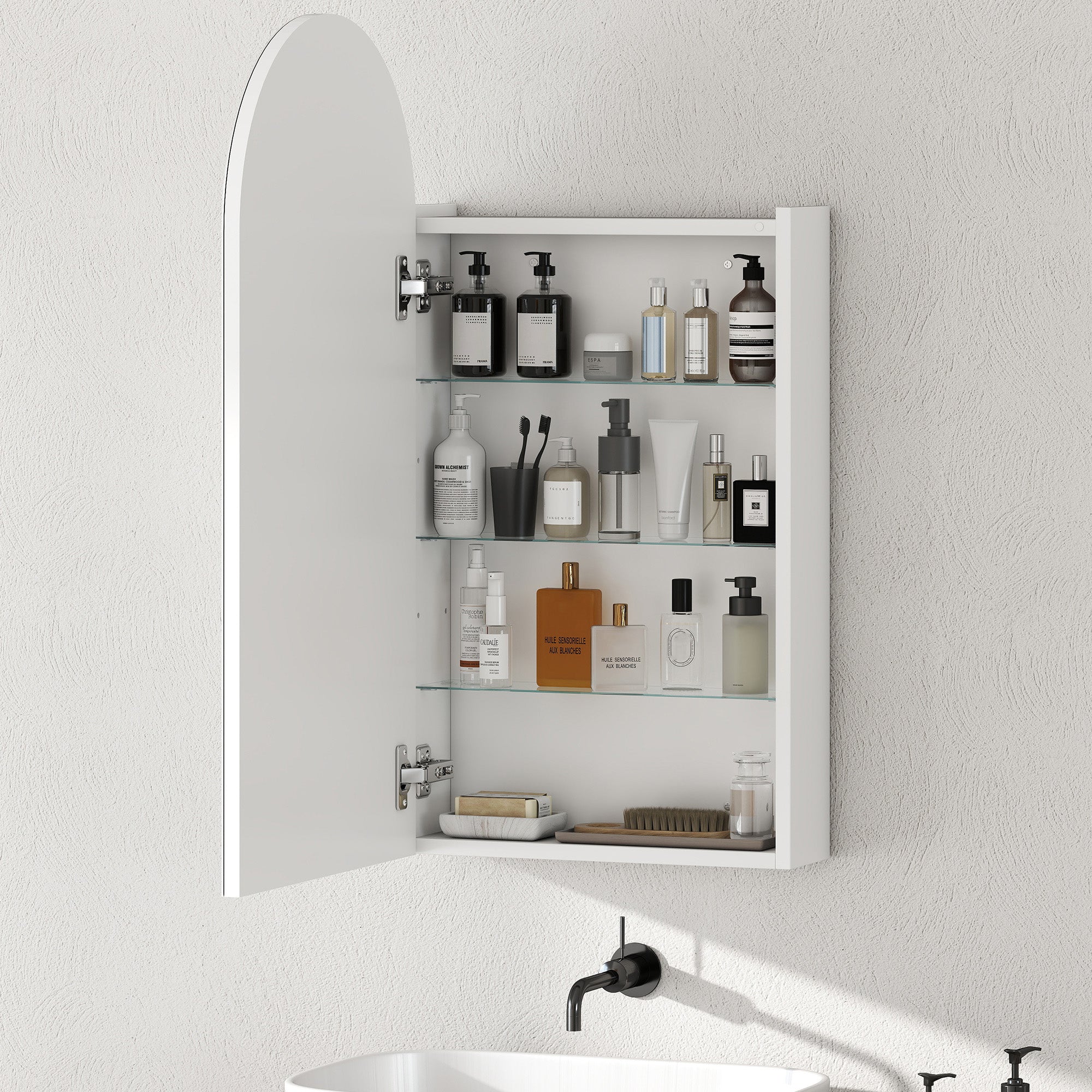 Arched Bathroom Mirror Cabinet with Adjustable Glass Shelves - White