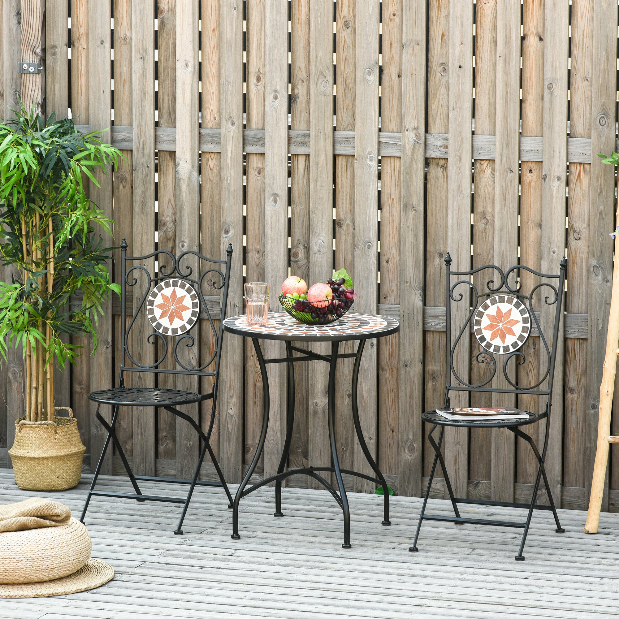 Three-Piece Mosaic Bistro Table Set with Foldable Chairs - Multicoloured