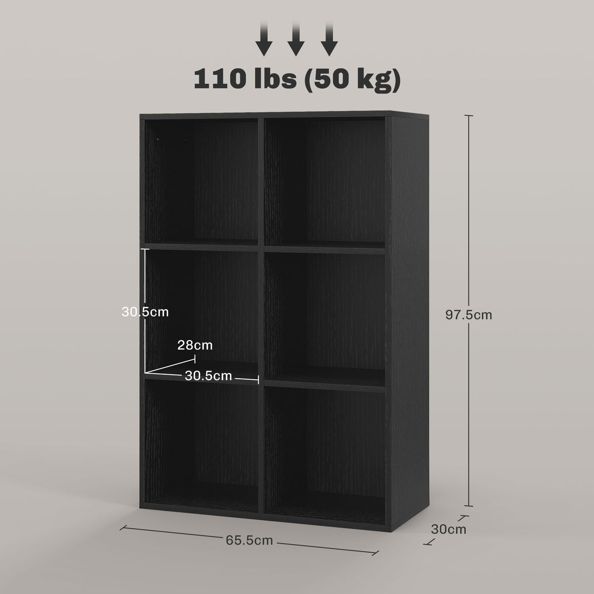 Six-Cube Bookcase Storage Unit with Black Wood Effect Finish - Black