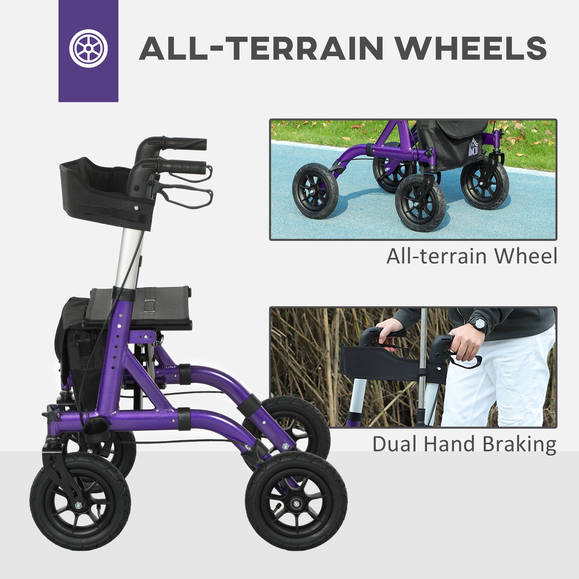 Folding Rollator Walker with Seat, Backrest, Lightweight Walking Frame with Storage Bag, Dual Brakes, All-terrain Wheels, Adjustable Handle Height, 4 Wheeled Walker for Seniors, Purple