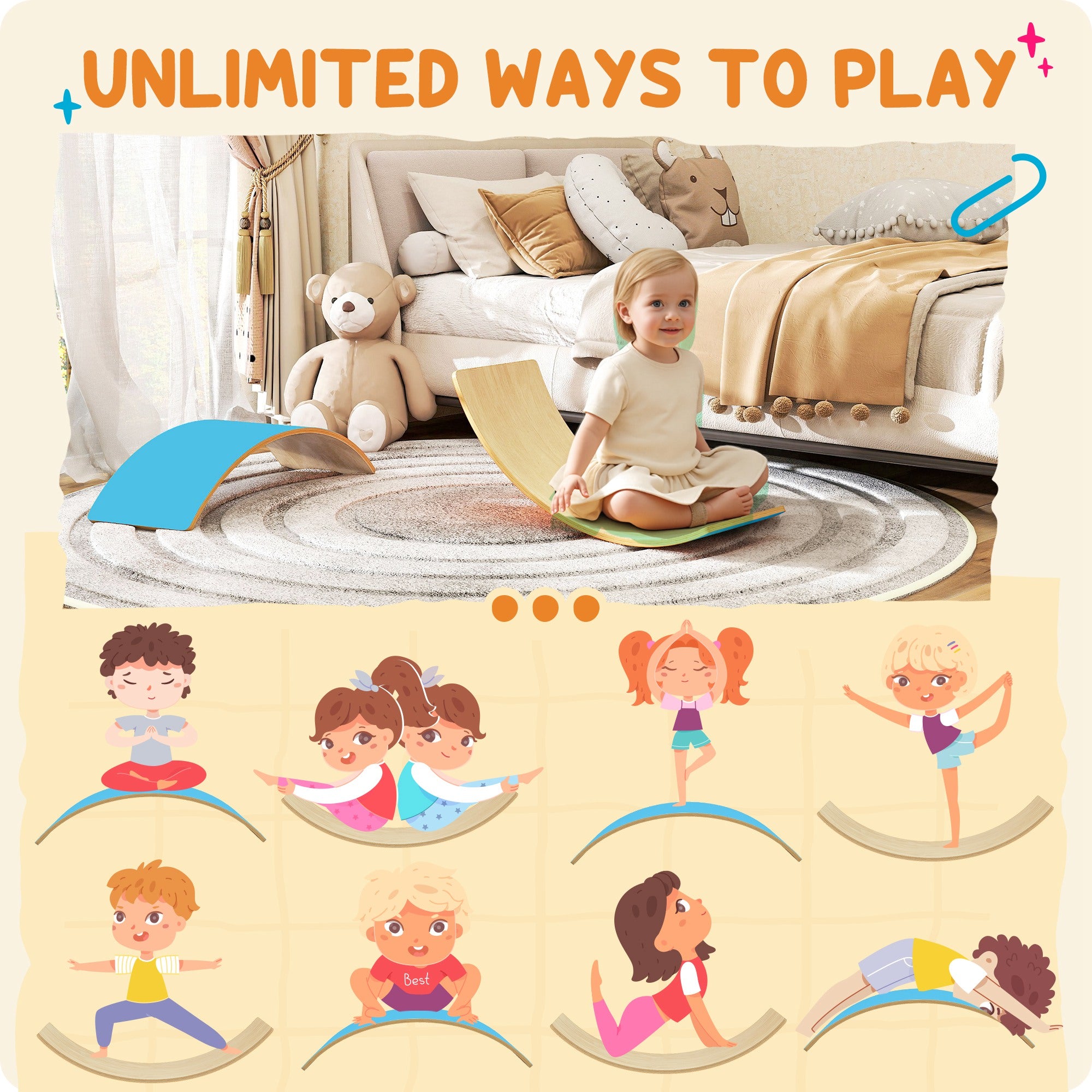 Wooden Balance Board for Kids, Wobble Board with Silent Felt for Sensory Play, Blue