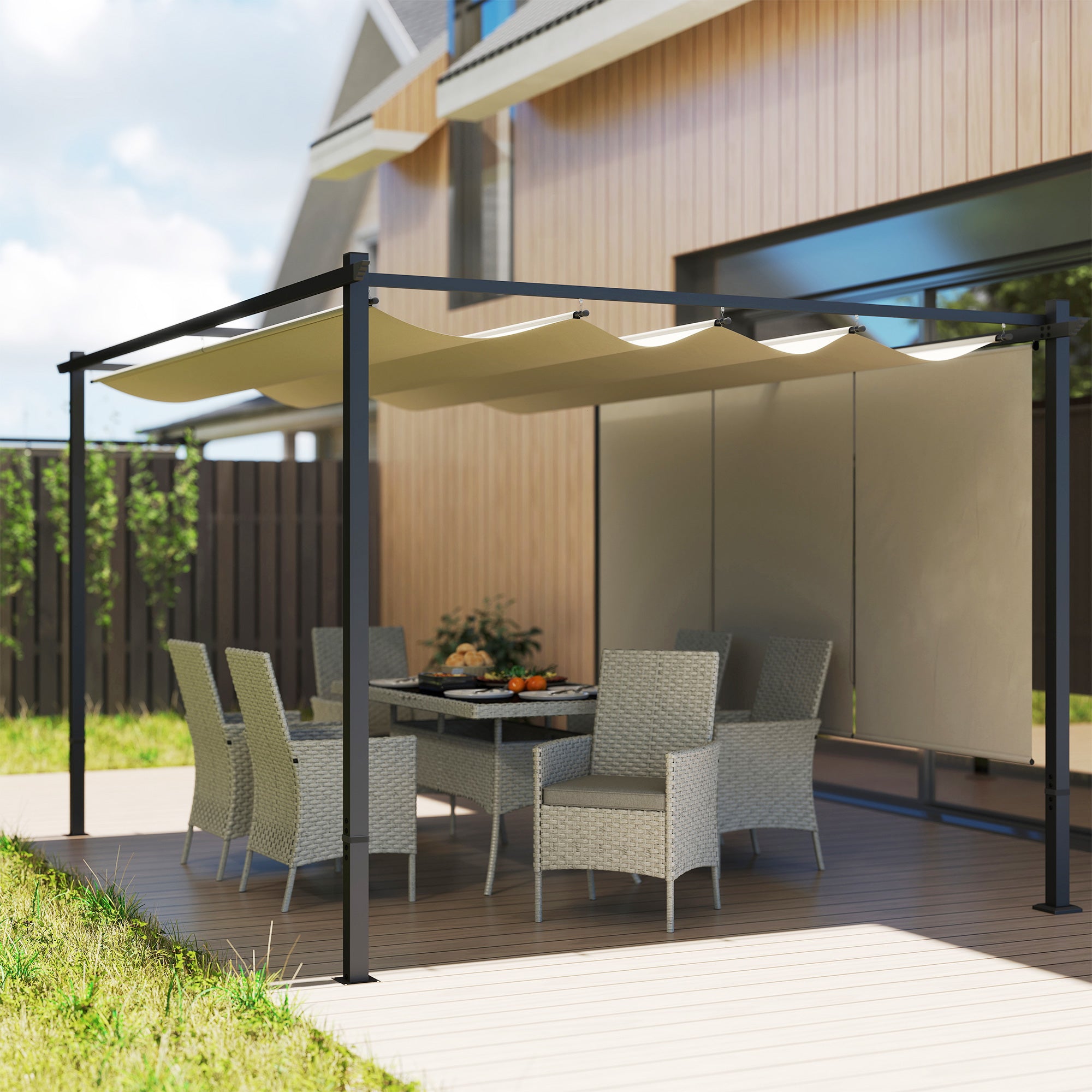 3 x 4m Metal Pergola with Retractable Roof and UPF30+ Shade - Beige
