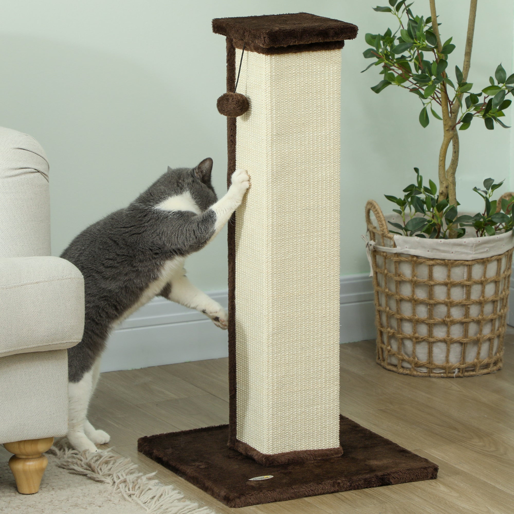 81cm Vertical Cat Scratcher with Sisal Rope, Hanging Ball & Plush - Brown