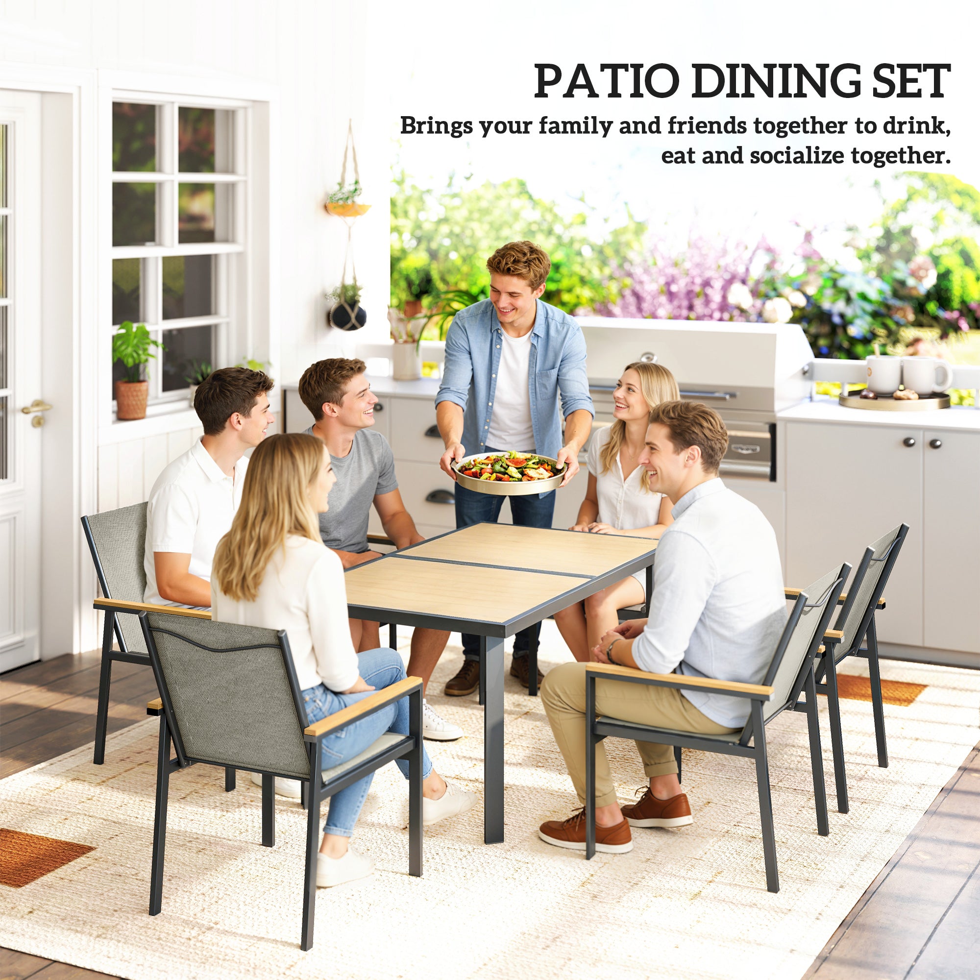 Seven-Piece Metal Garden Dining Set, with Glass-Top Table - Khaki