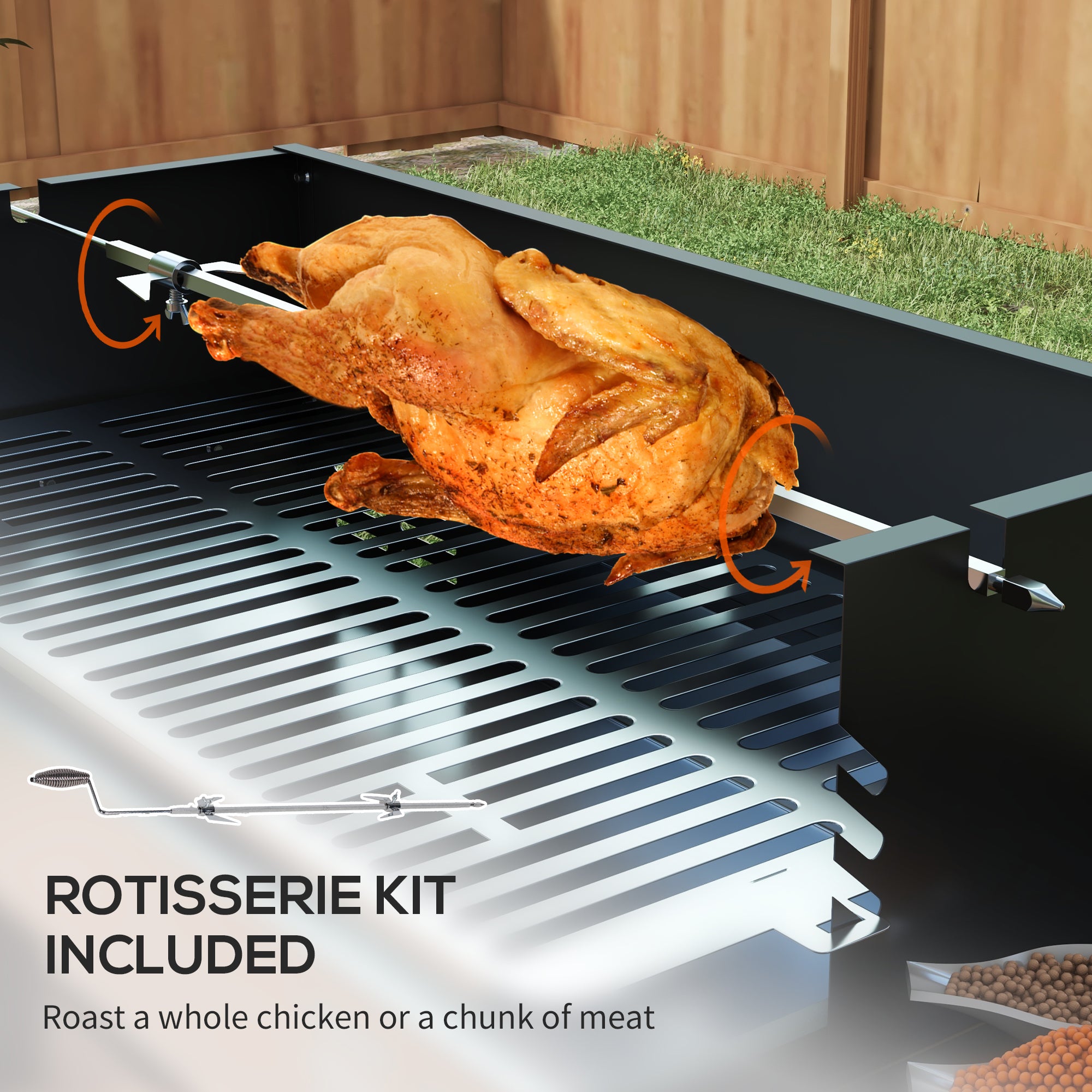 BBQ Rotisserie Grill Roaster Charcoal Spit Roasting Machine for Chicken Turkey with 3-Level Grill Grate, Side Shelves