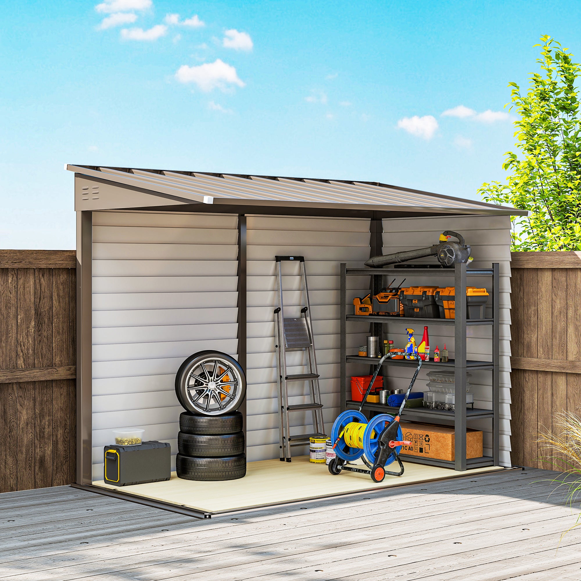 5 x 9ft Galvanised Metal Garden Shed with Foundation Kit, Outdoor Lean-to Shed, Tool Storage House for Garden, Brown