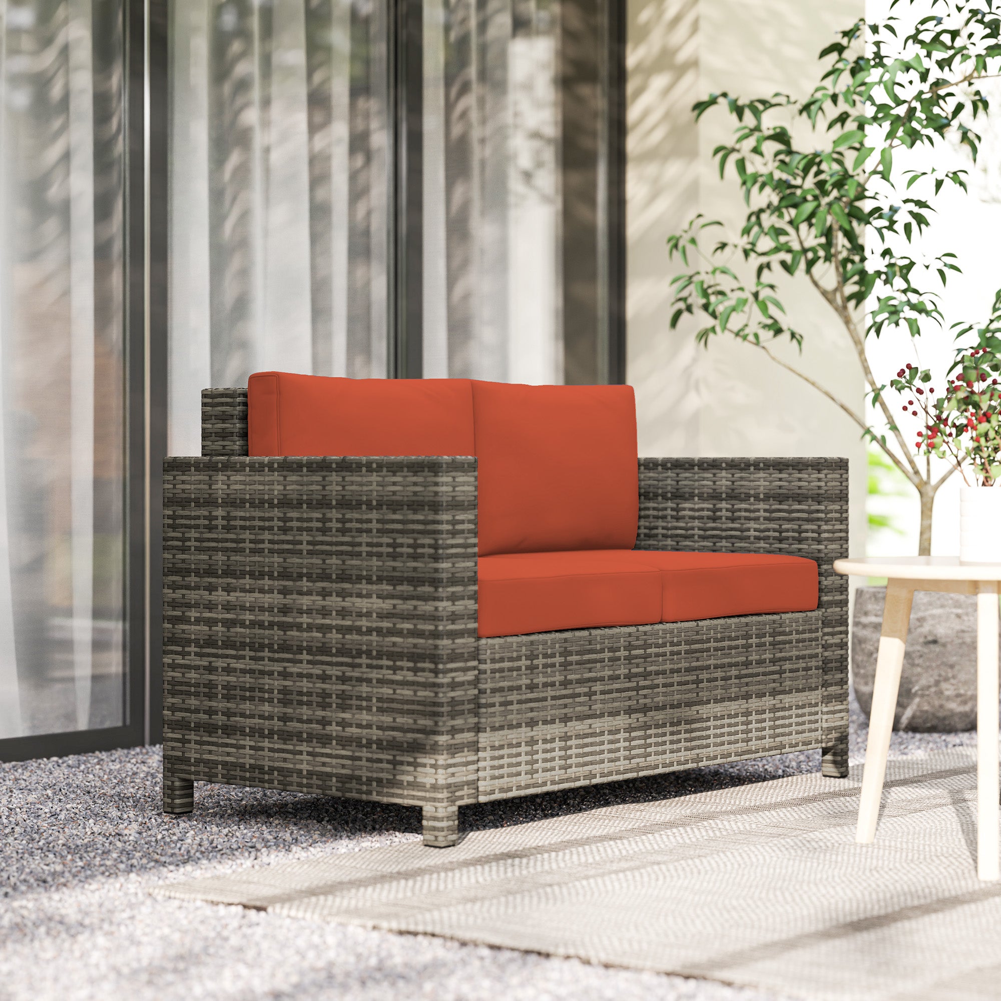 2 Seater Rattan Garden Sofa with Padded Cushions and Armrests - Grey