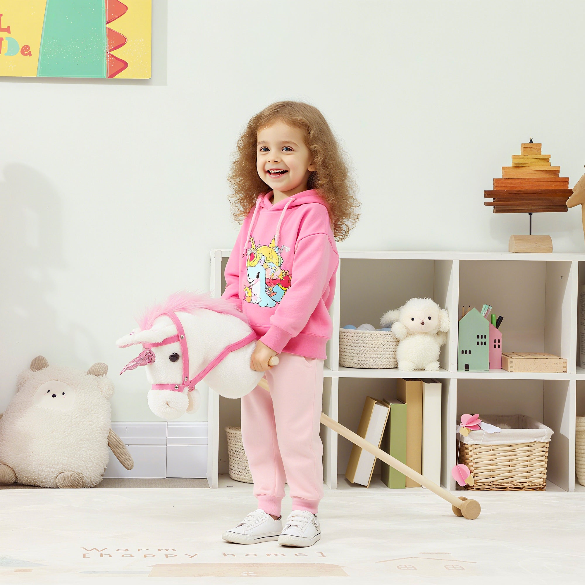 Unicorn Stick Horse with Wood Wheels, Real Pony Neighing and Galloping Sounds, Grip Handle, 95 cm, White