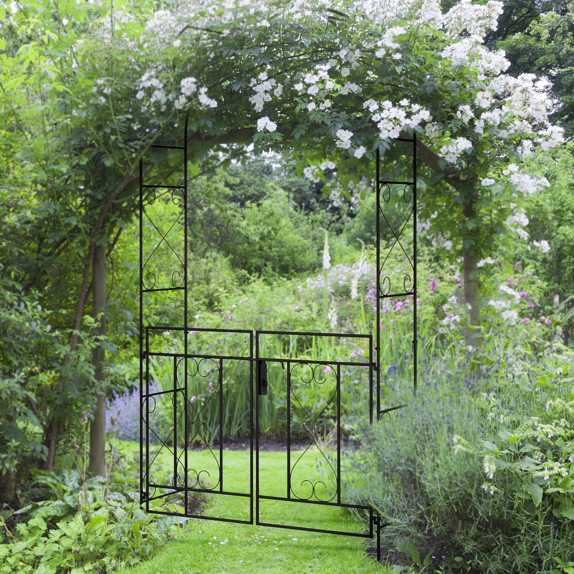 Decorative Garden Arch with Gate Set - Powder Coated Steel Black