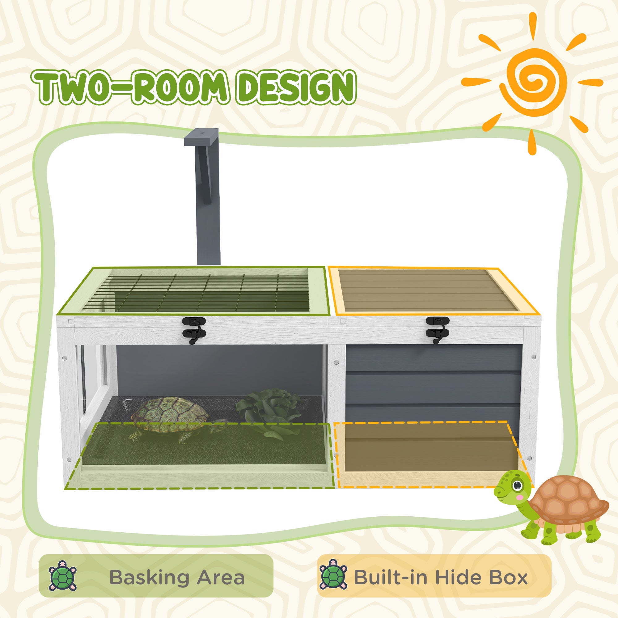 Tortoise Table with Wooden Lamp Holder, Wooden Tortoise House w/ Openable Lids, Pull-Out Trays - Grey