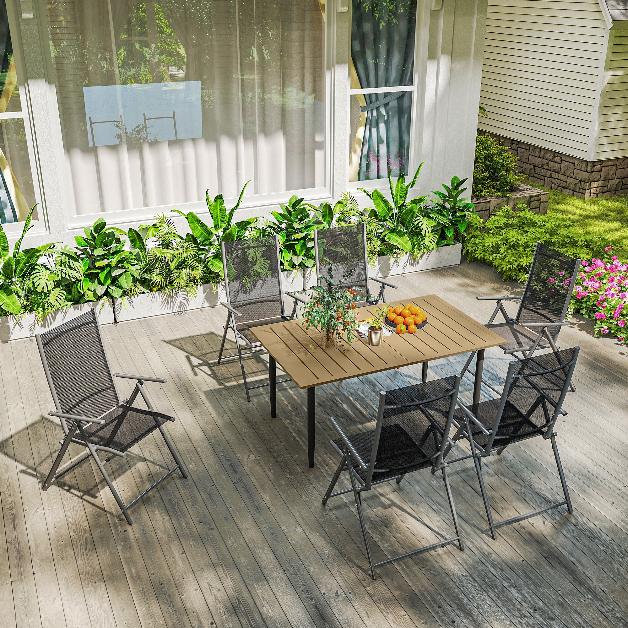 6 Seater Garden Dining Table with Parasol Hole 150x90 cm - Brown Steel Frame