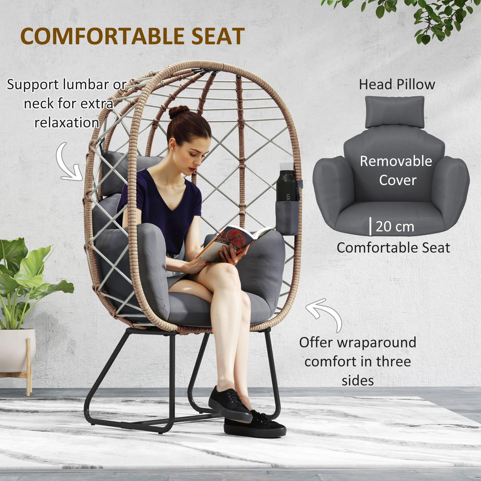 1 Piece Rattan Egg Chair with Cushion and Headrest - Brown