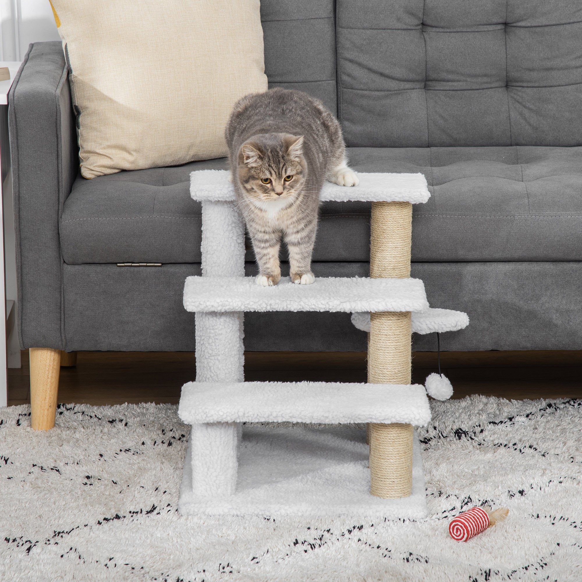 Pet Stair with 3-step Climb Ladder, Scratching Posts, Platforms, Toy Ball, for Indoor Elderly Cats Kittens, White