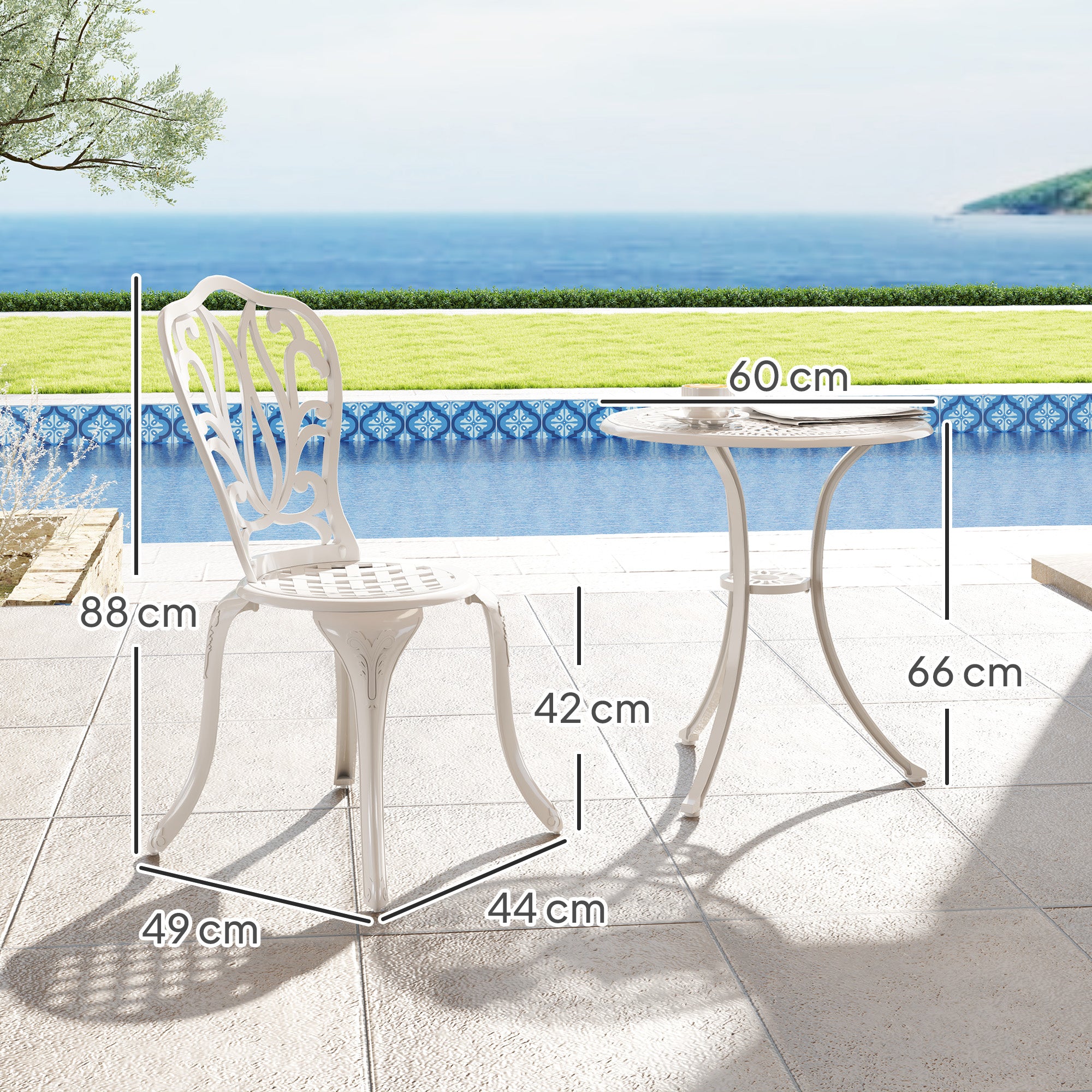 3 Piece Cast Aluminium Garden Bistro Set with Umbrella Hole - White