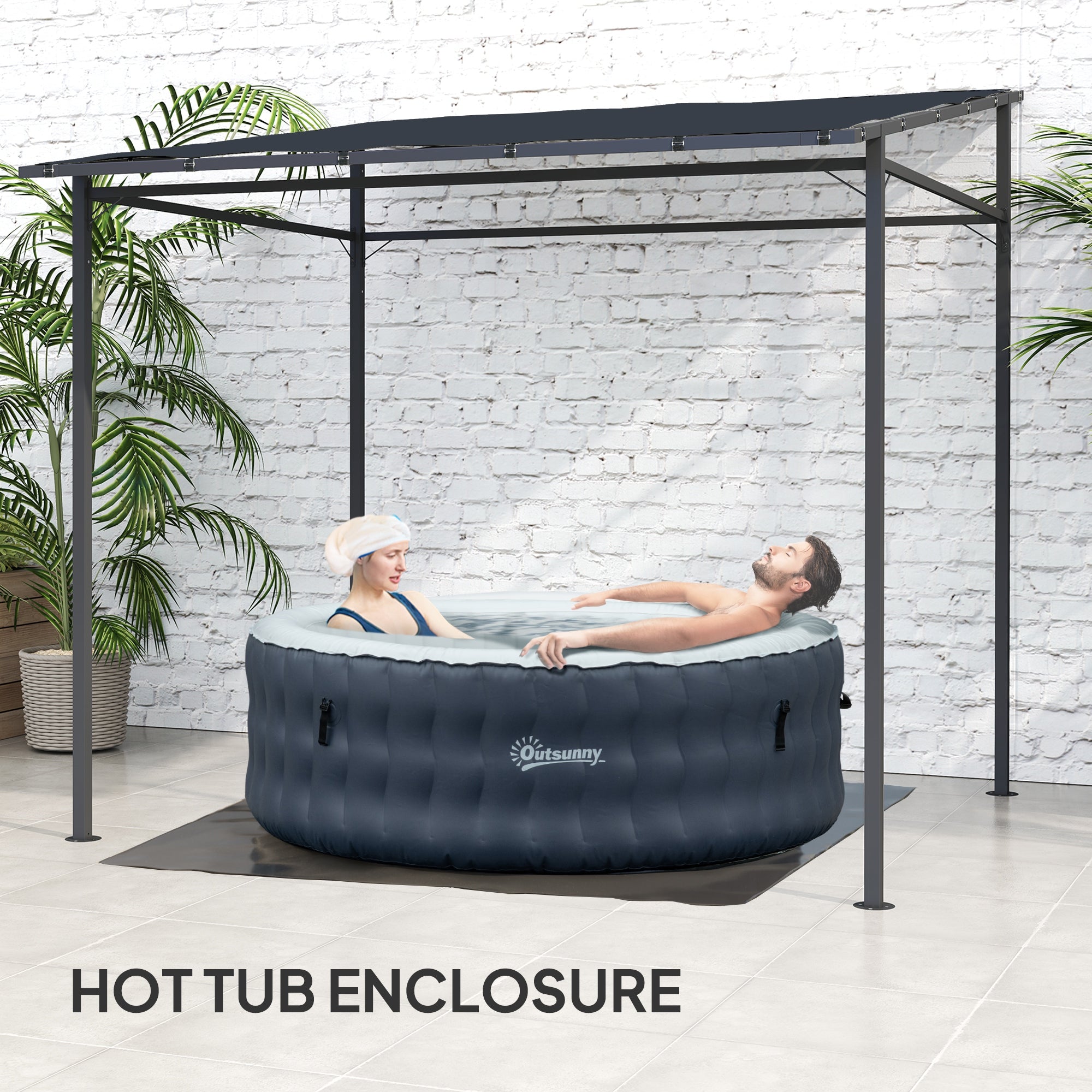 2.4 x 2.4 m Wall Mounted Pergola Gazebo with PA Coating Fabric and Metal Frame, UPF30+, Lean to Garden Gazebo, Wind Resistant Outdoor Sun Shade Shelter for Garden, Deck, Dark Grey