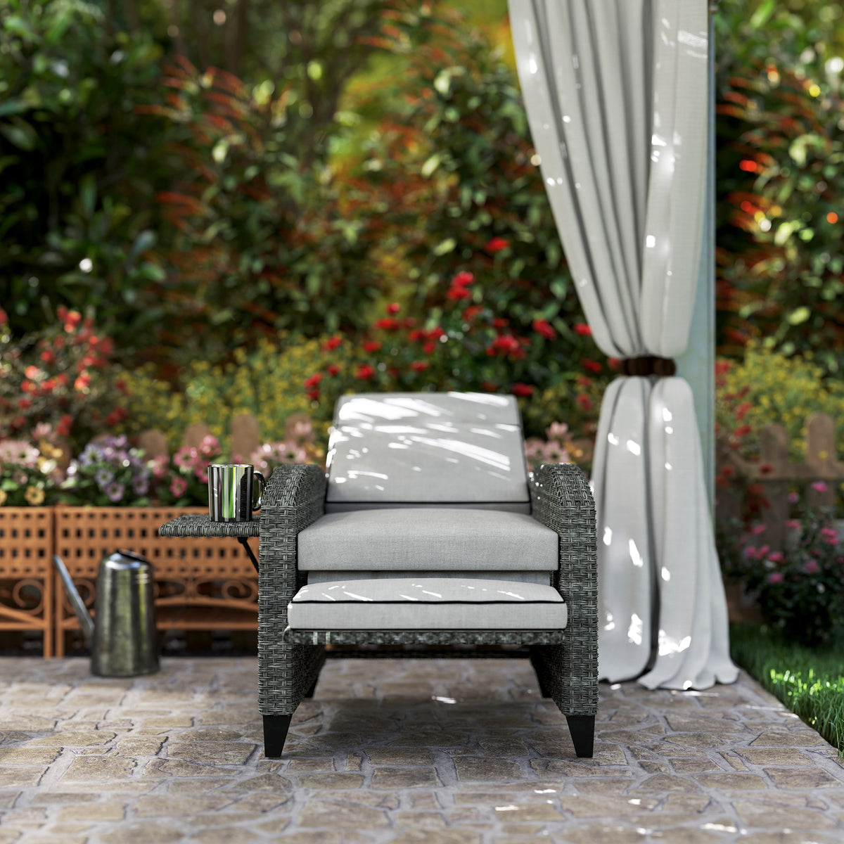 Outdoor Recliner Chair with Adjustable Backrest, Footrest, Cushion & Side Tray - Light Grey