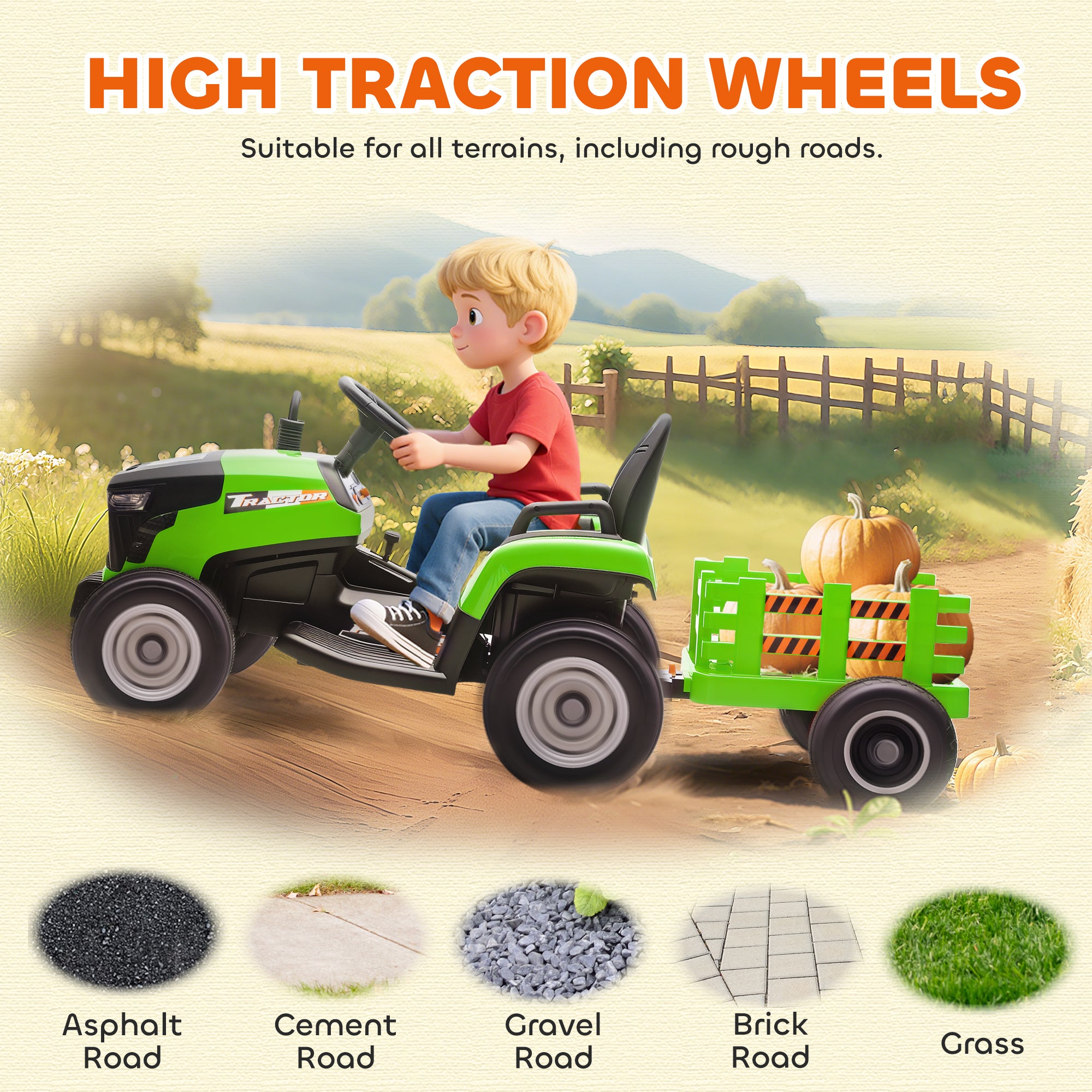 12V Ride on Tractor and Trailer with Remote Control, Music, Shifter, Start-Up Sound, for Kids Ages 3-8 Years, Green