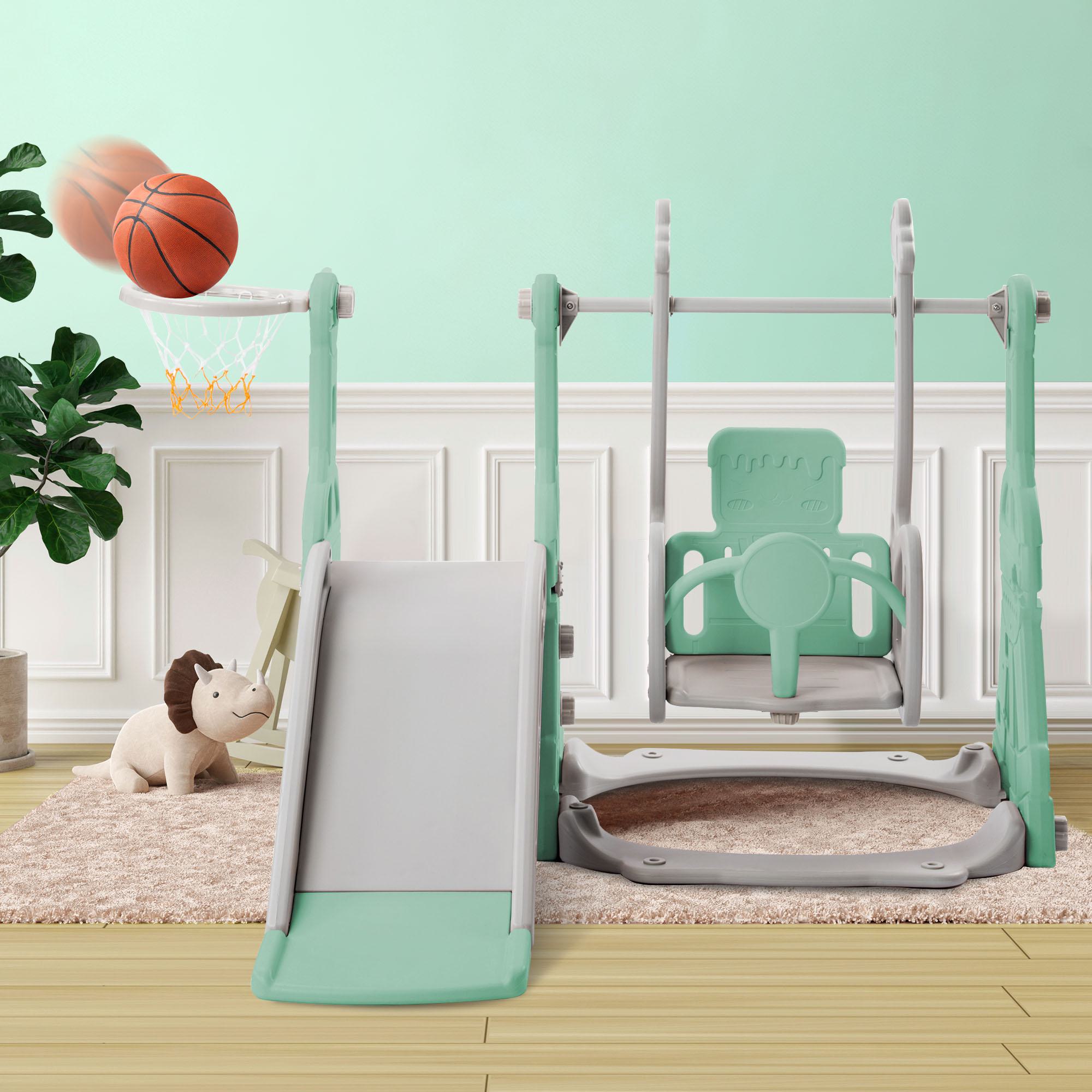4-in-1 Children's Slide and Swing Set with Basketball Hoop and Climbing Ladder, Garden Slide Toddlers Climber, 140L x 118W x 102H cm, Green