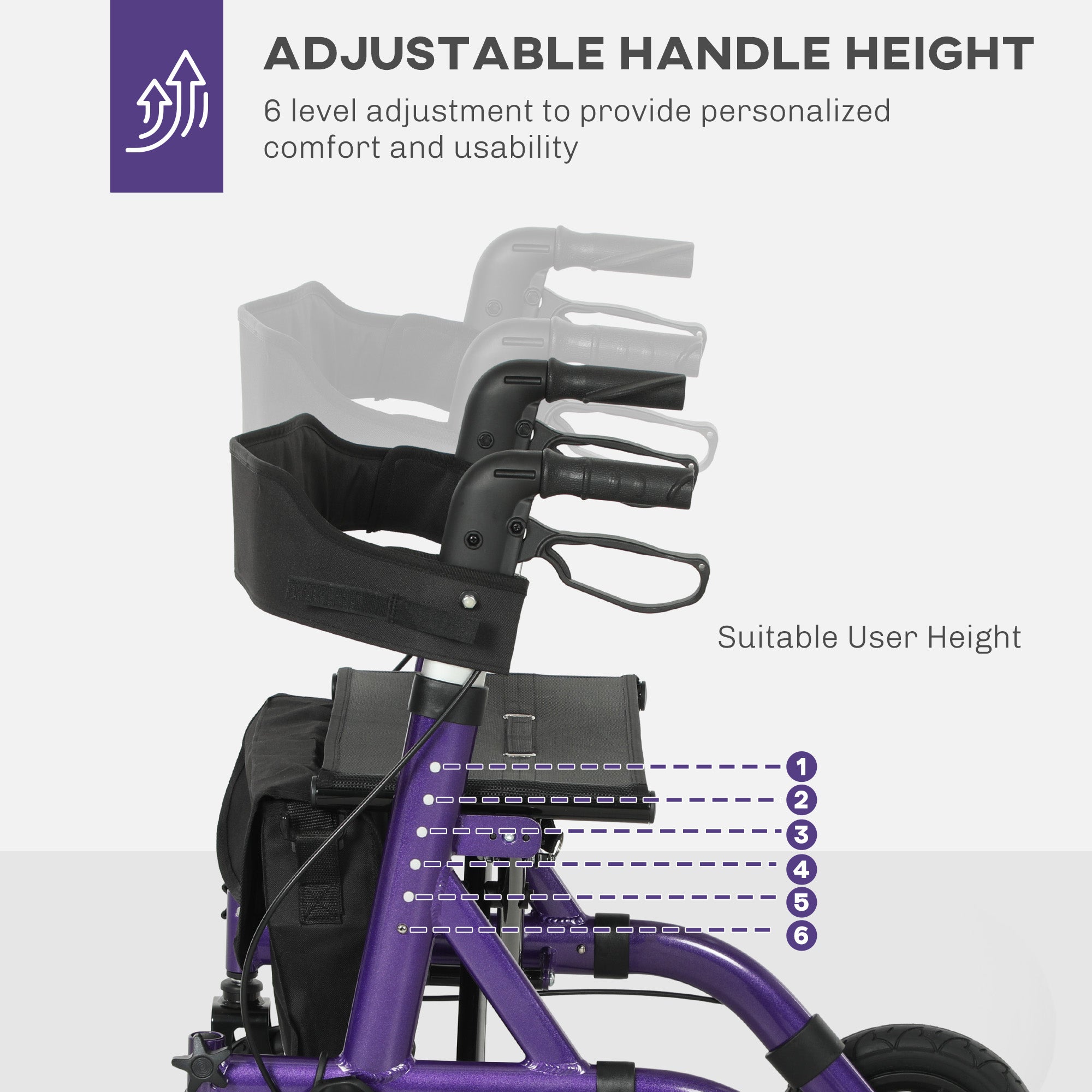 Folding Rollator Walker with Seat, Backrest, Lightweight Walking Frame with Storage Bag, Dual Brakes, All-terrain Wheels, Adjustable Handle Height, 4 Wheeled Walker for Seniors, Purple