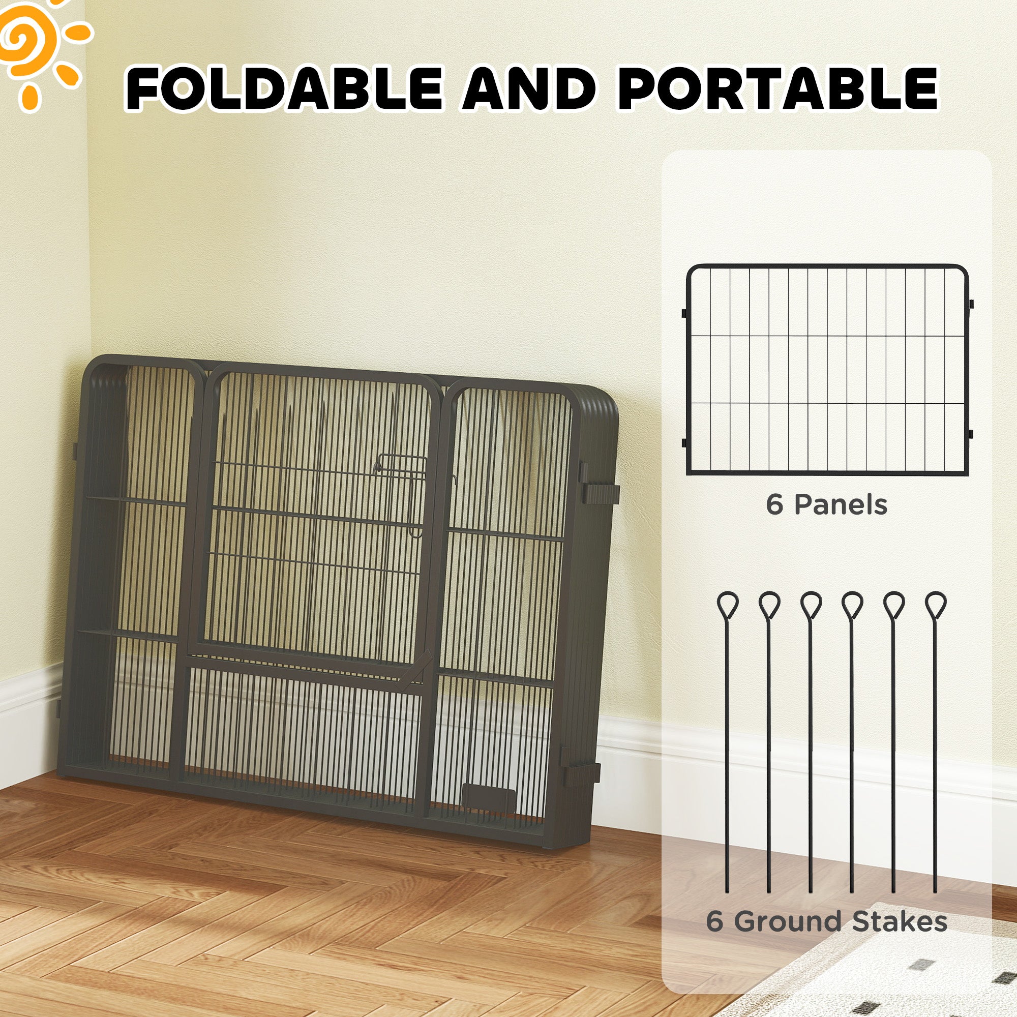 6 Panel Portable Detachable Dog Playpen with Door 60cm High for Small Dogs - Black
