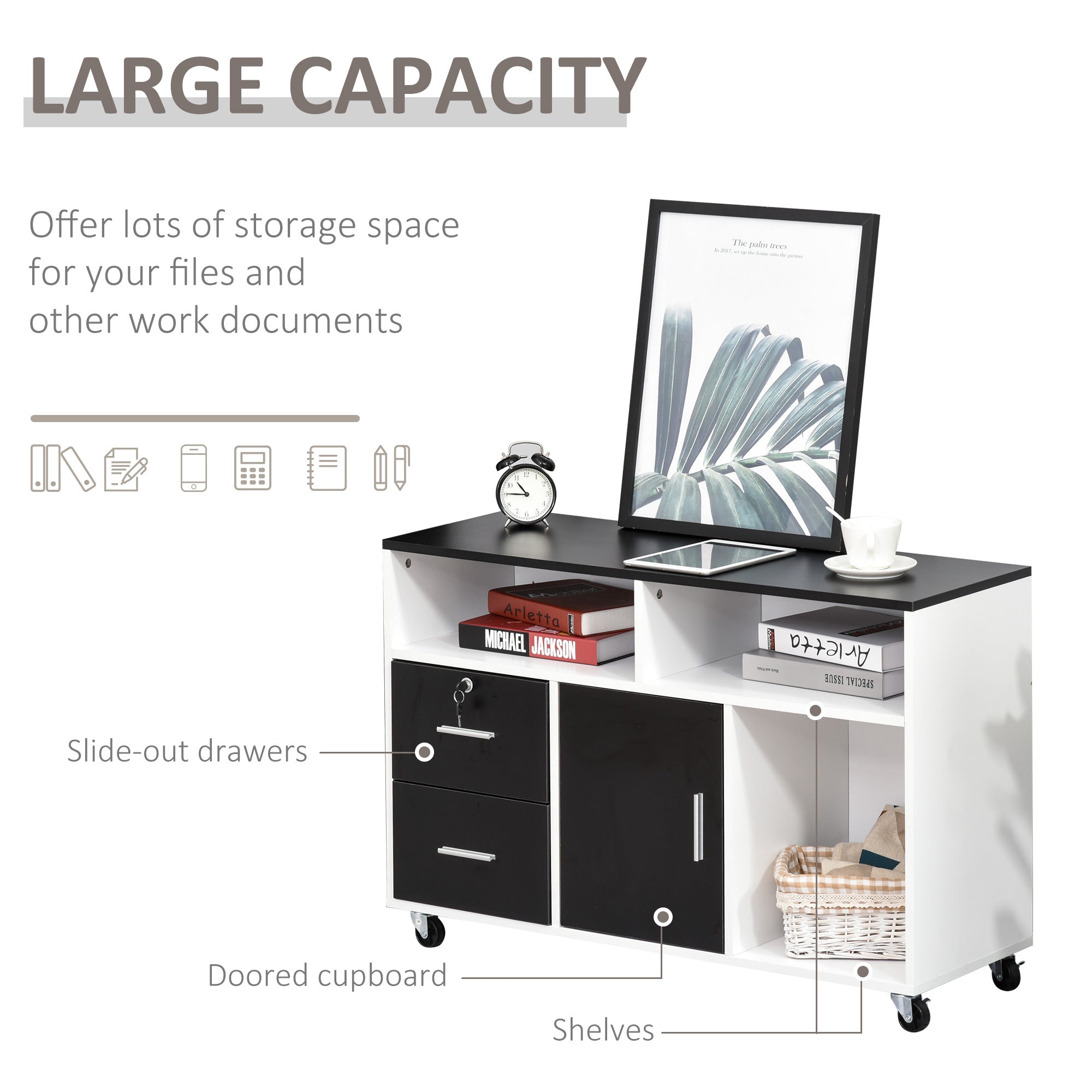 Mobile File Cabinet for Home Office, Lateral Filing Cabinet, Printer Stand with Open Shelves, Lockable Drawer,100cm x 35cm x 65cm, Black