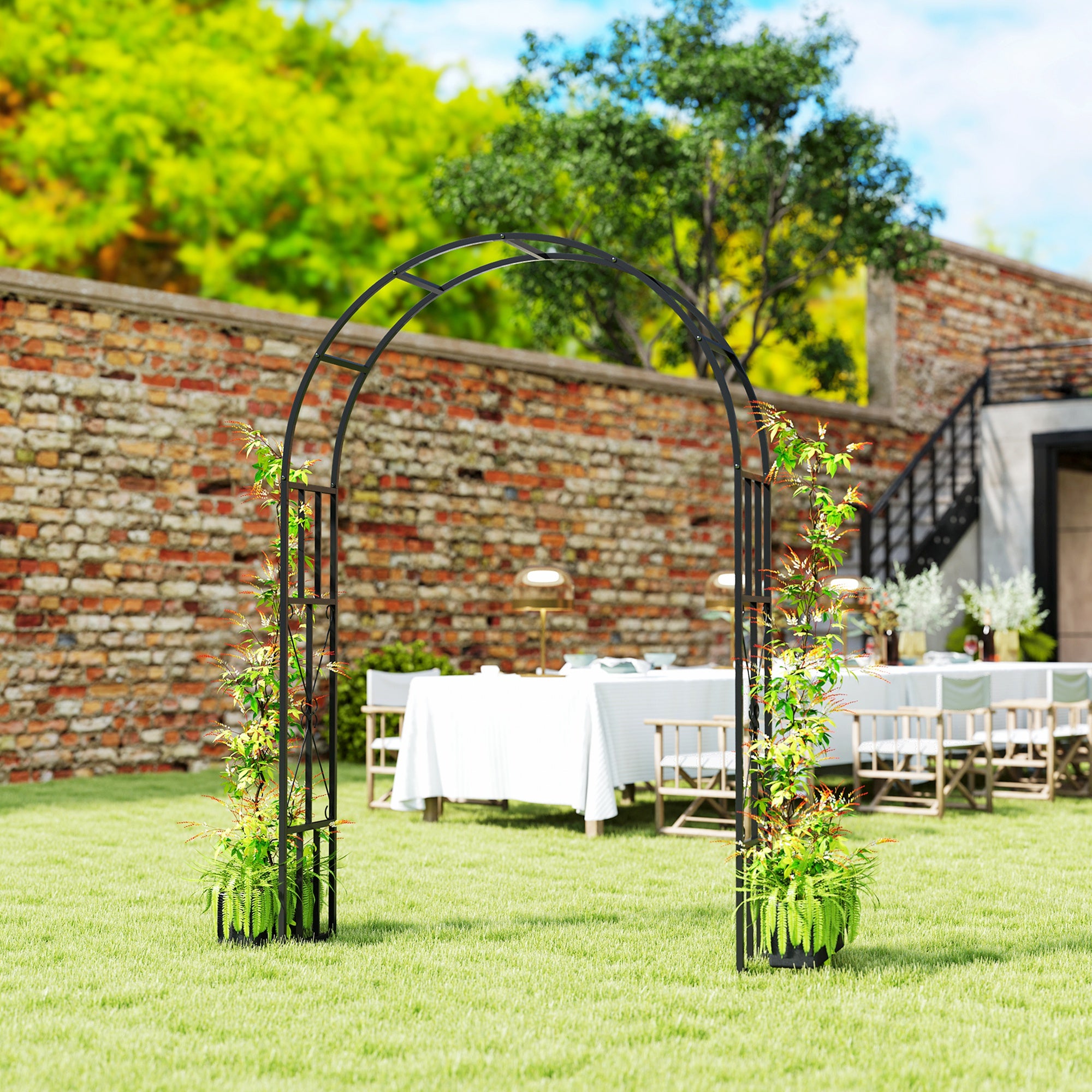 Steel Garden Arch 2.2m x 1.5m Metal Trellis for Climbing Plants and Wedding Decoration - Black