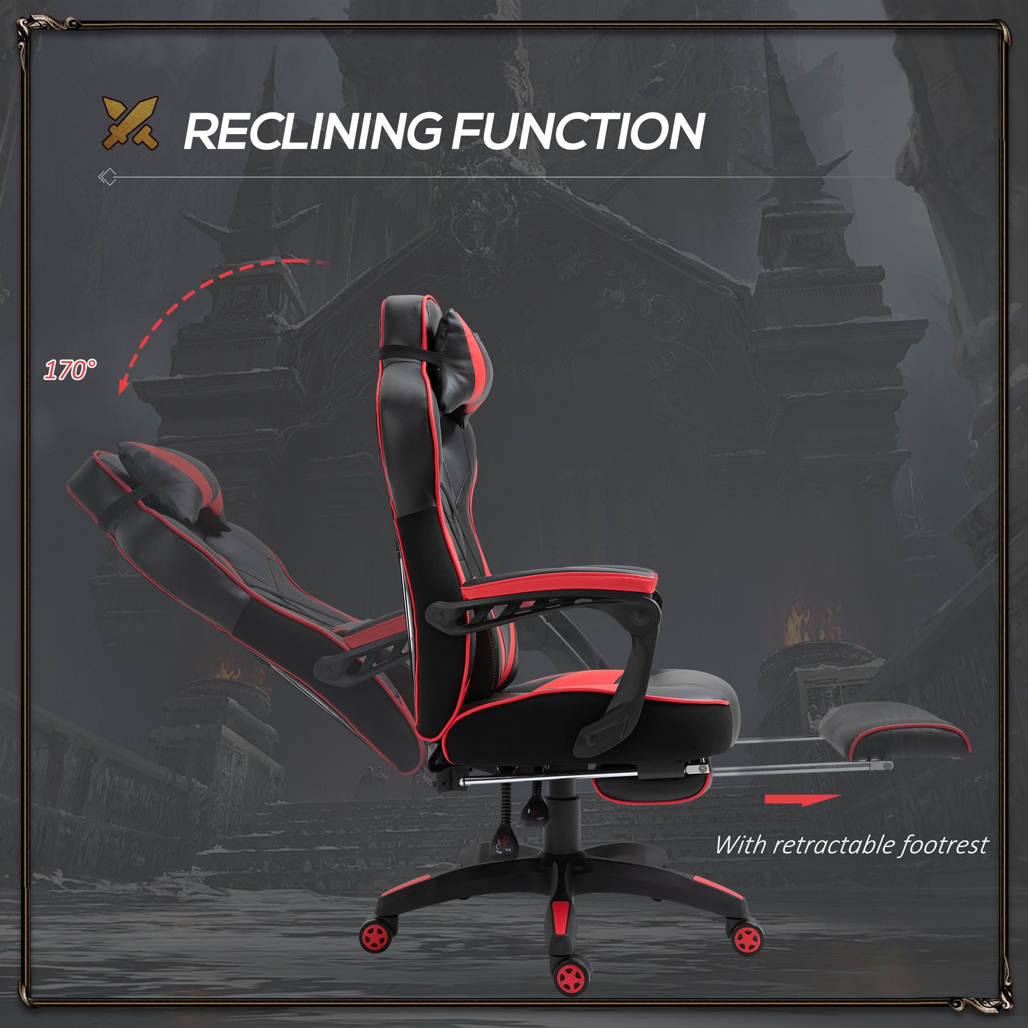 Computer Gaming Chair, Racing Desk Chair with Lumbar Support and Footrest, PU Leather Gamer Chair with Headrest and Swivel Wheels for Home, Red