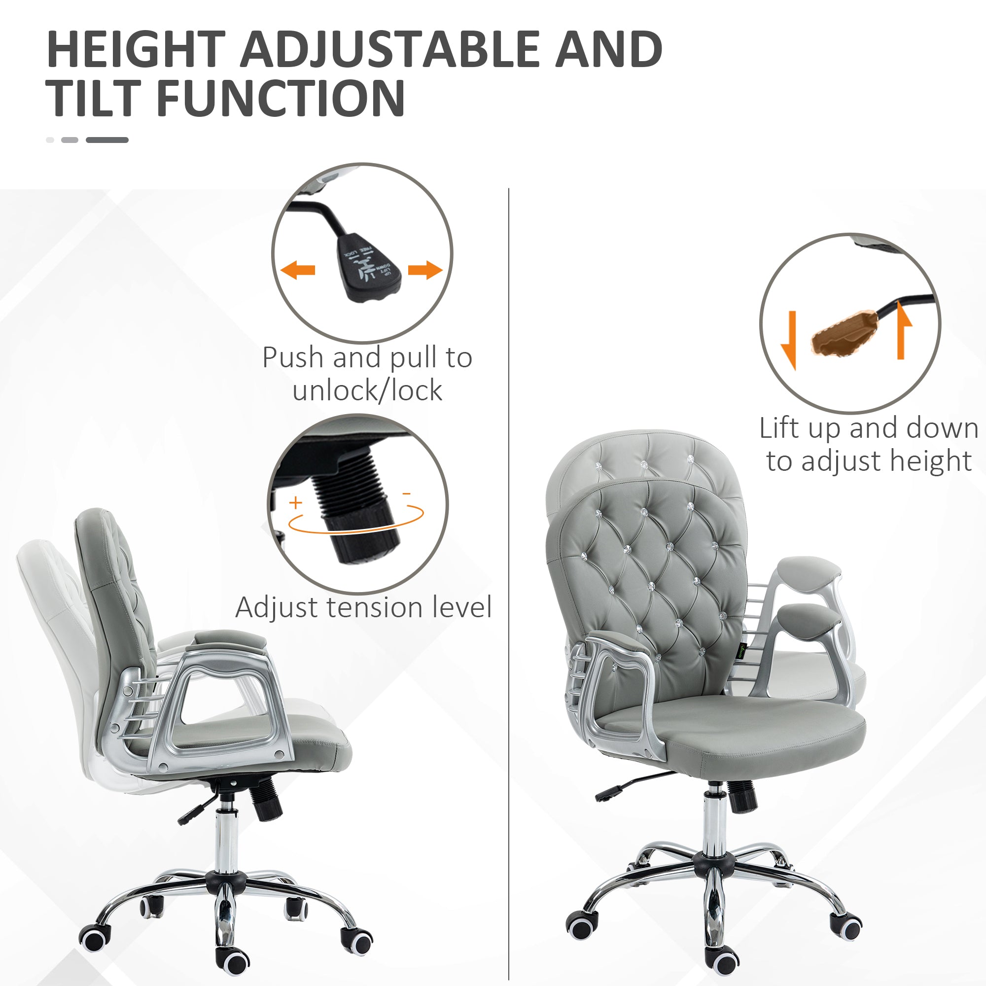 Office Chair Ergonomic 360° Swivel PU Diamante Padded Base 5 Castor Wheels for Home Work Grey