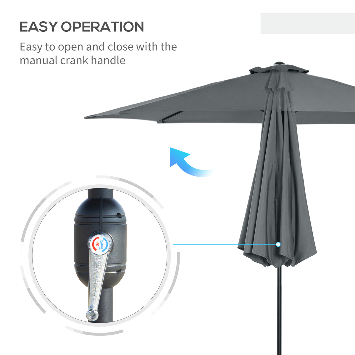 3m Tilting Garden Parasol with 8 Ribs, Crank Handle & Sun Shade for Balcony, Bench - Dark Grey