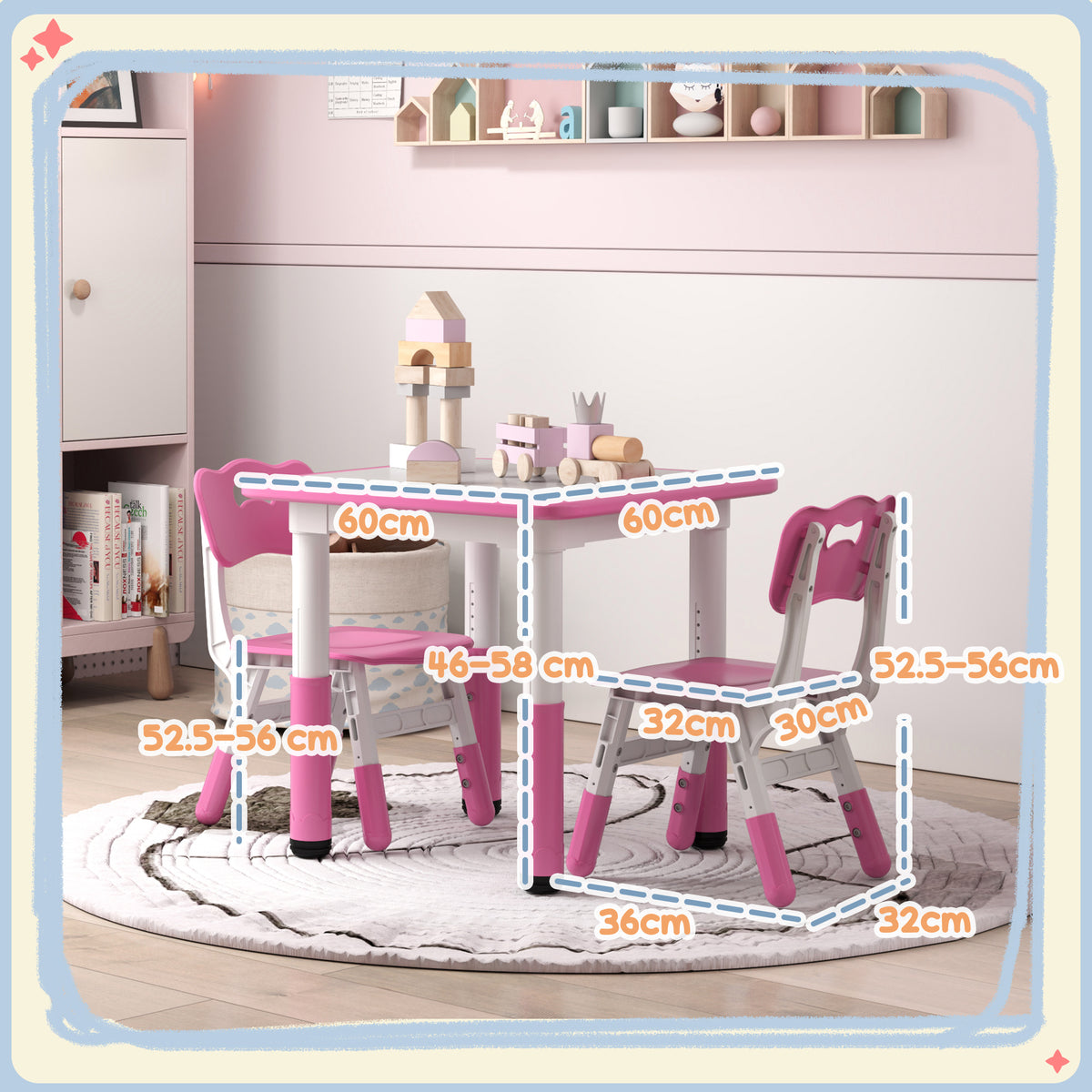 3 Piece Height Adjustable Toddler Table and Chair Set - Pink