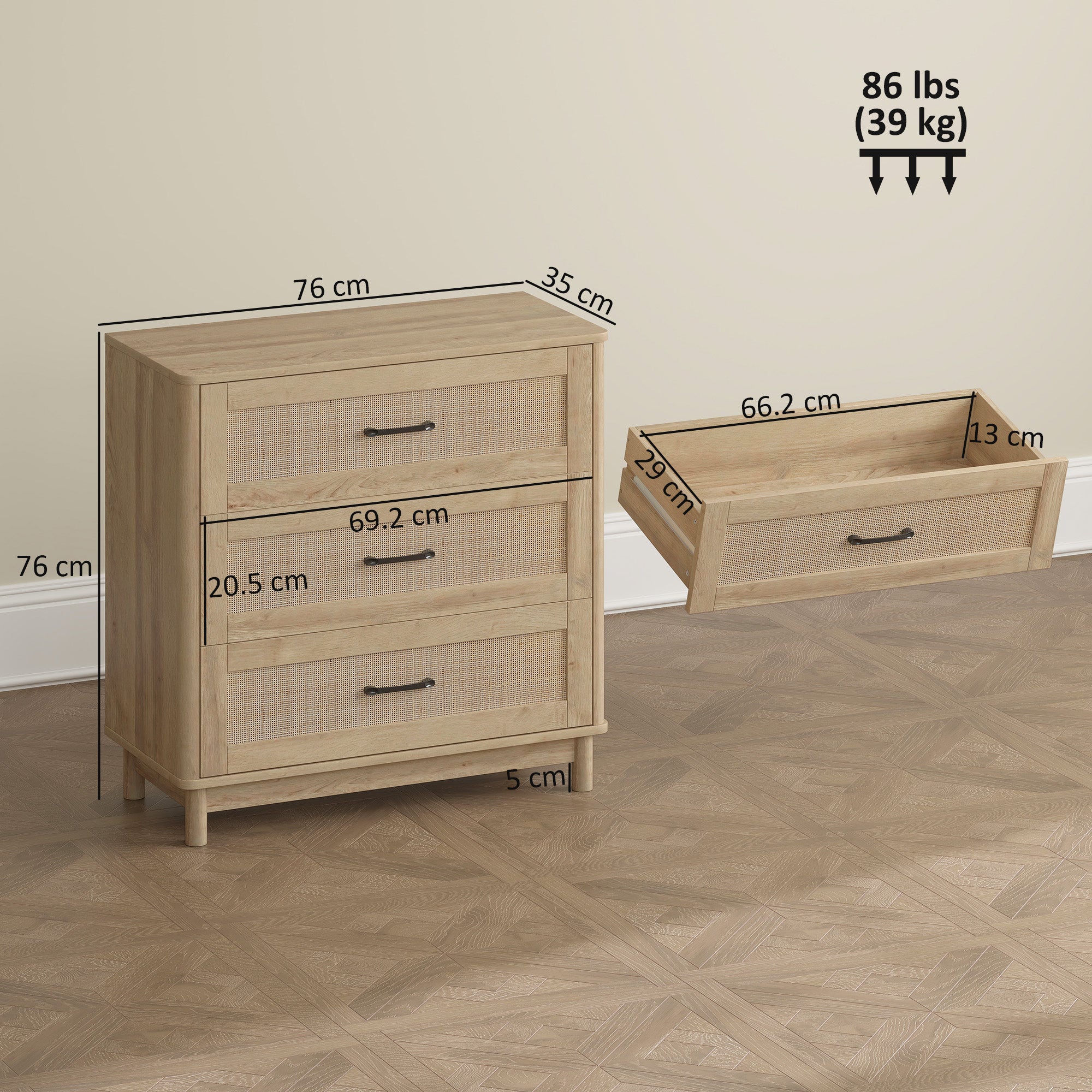 76 cm Wide Drawer Chest of Drawers with 3 Drawer - Oak