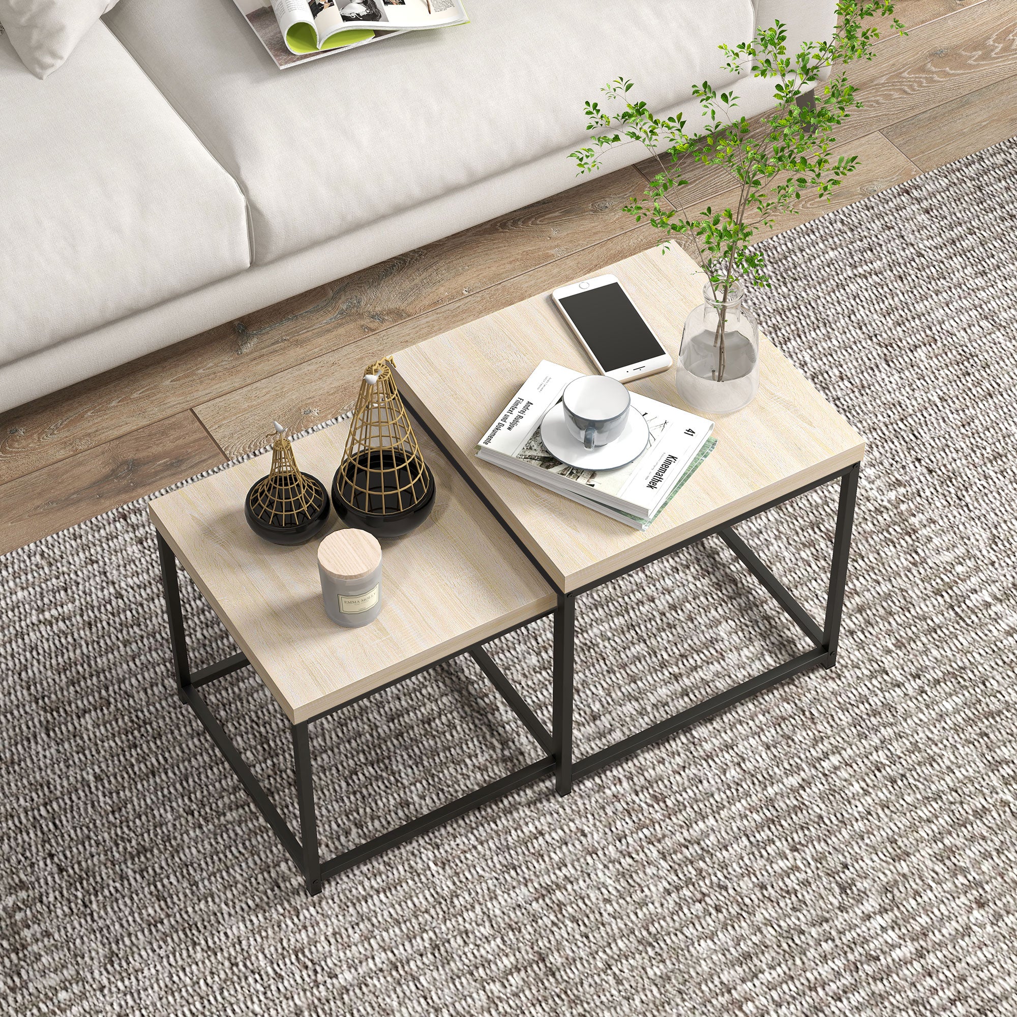 Coffee Table Set of 2 with 3.5cm Thick Oak Tabletops - Oak