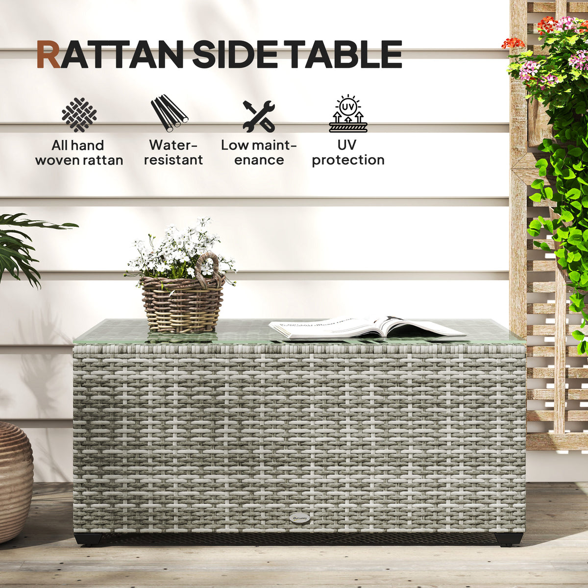 90 x 50cm Rattan Side Table with Glass Top - Light Grey