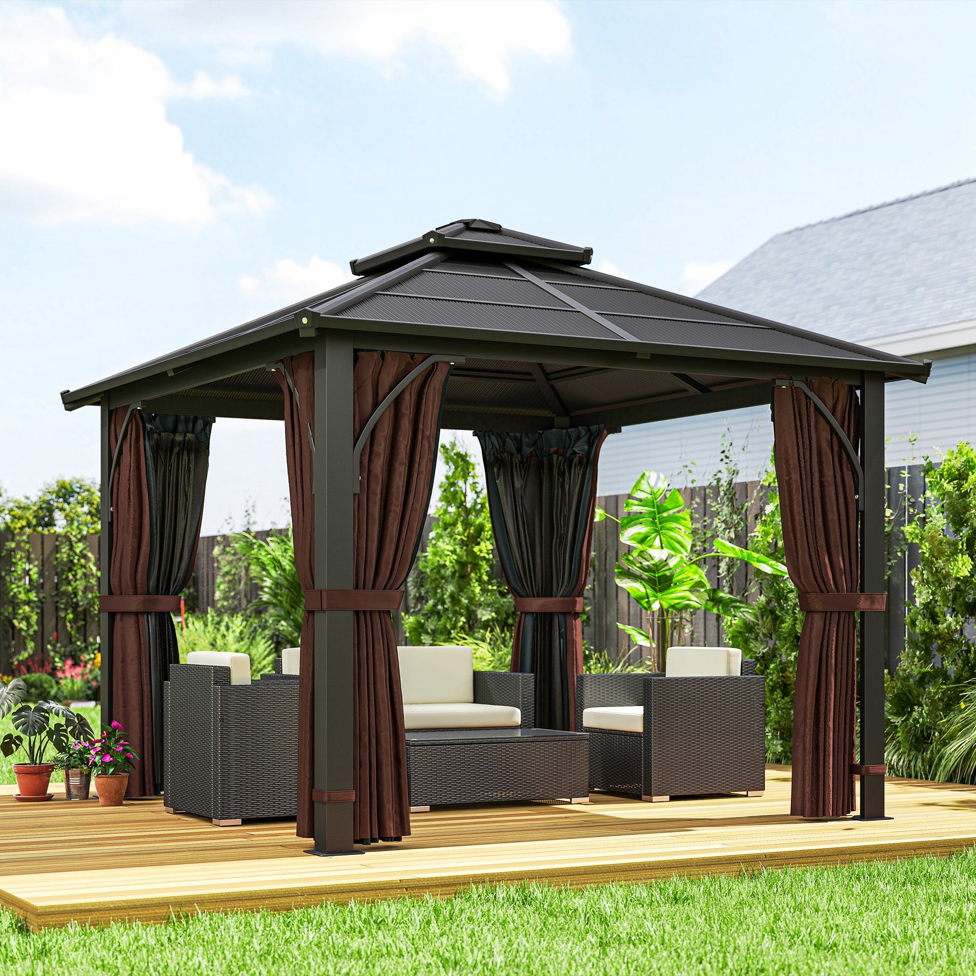 3 x 3(m) Hardtop Gazebo Canopy with 7mm Double Polycarbonate Roof, Garden Gazebo Permanent Pavilion with Mosquito Netting and Curtains for Patio, Deck, Brown