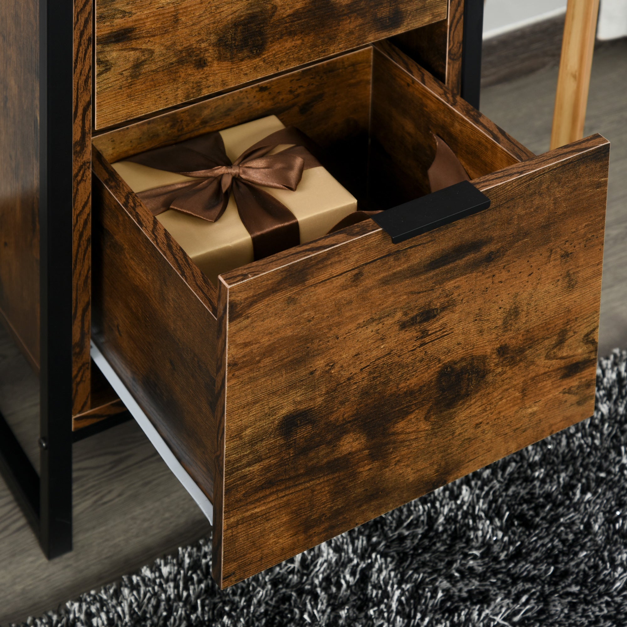 Bedroom Chest of Drawers Set of 2, Industrial 3-Drawer Dresser, Storage Drawers Unit with Metal Frame for Living Room, Rustic Brown