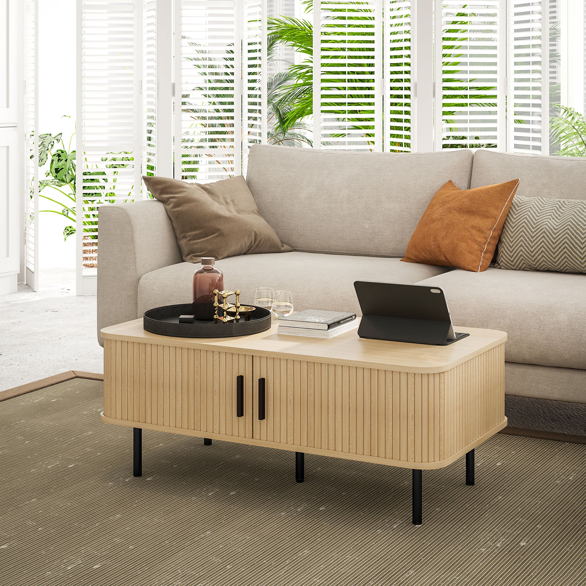 Rectangular Coffee Table with Storage and Slatted Tambour Sliding Doors, Elevated Base with Foot Pads - Oak