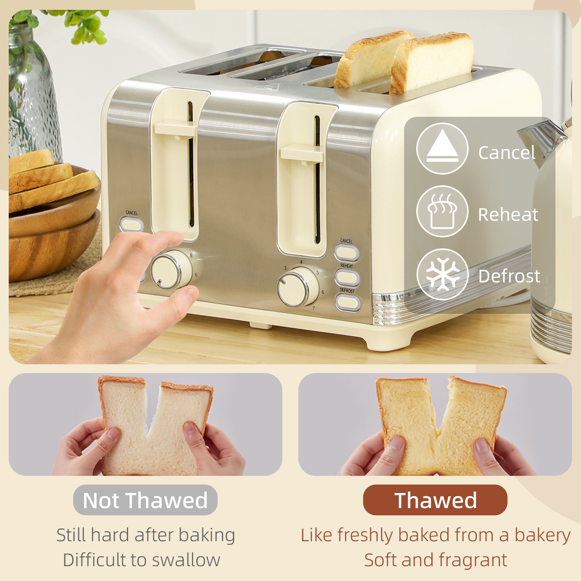 Polished Metal Kettle and Toaster Set - Cream