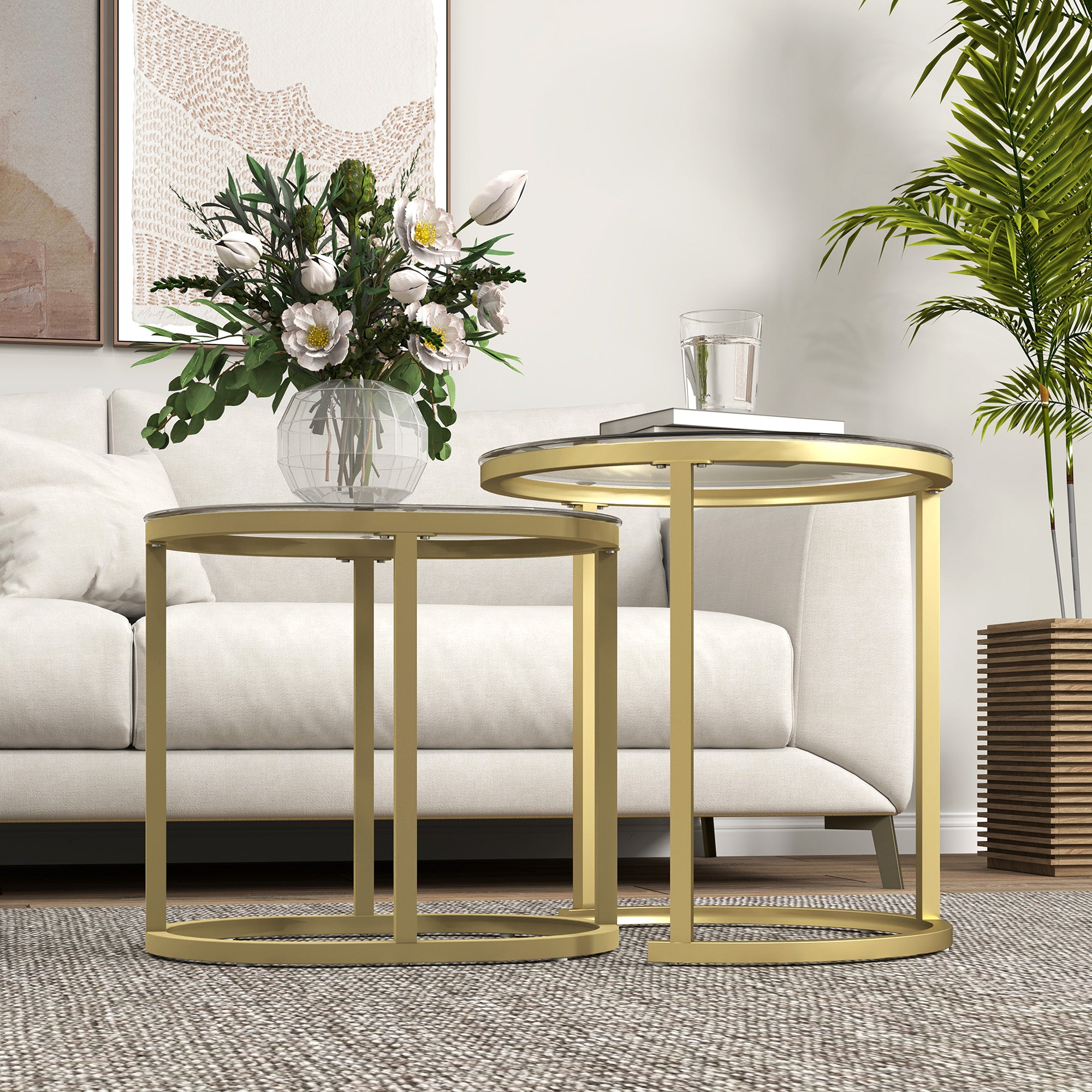 Modern Coffee Table Set of 2 with Steel Frame and Tempered Glass Tabletops - Clear