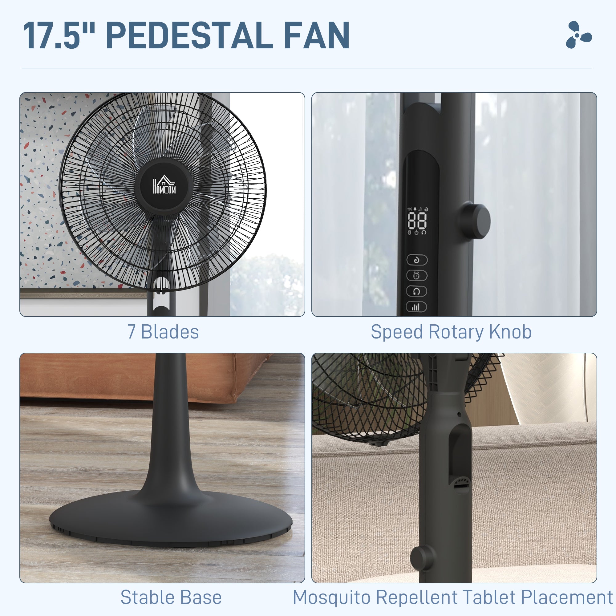 Three Mode Pedestal Fan, with Insect Repellant Box and LED Panel - Black