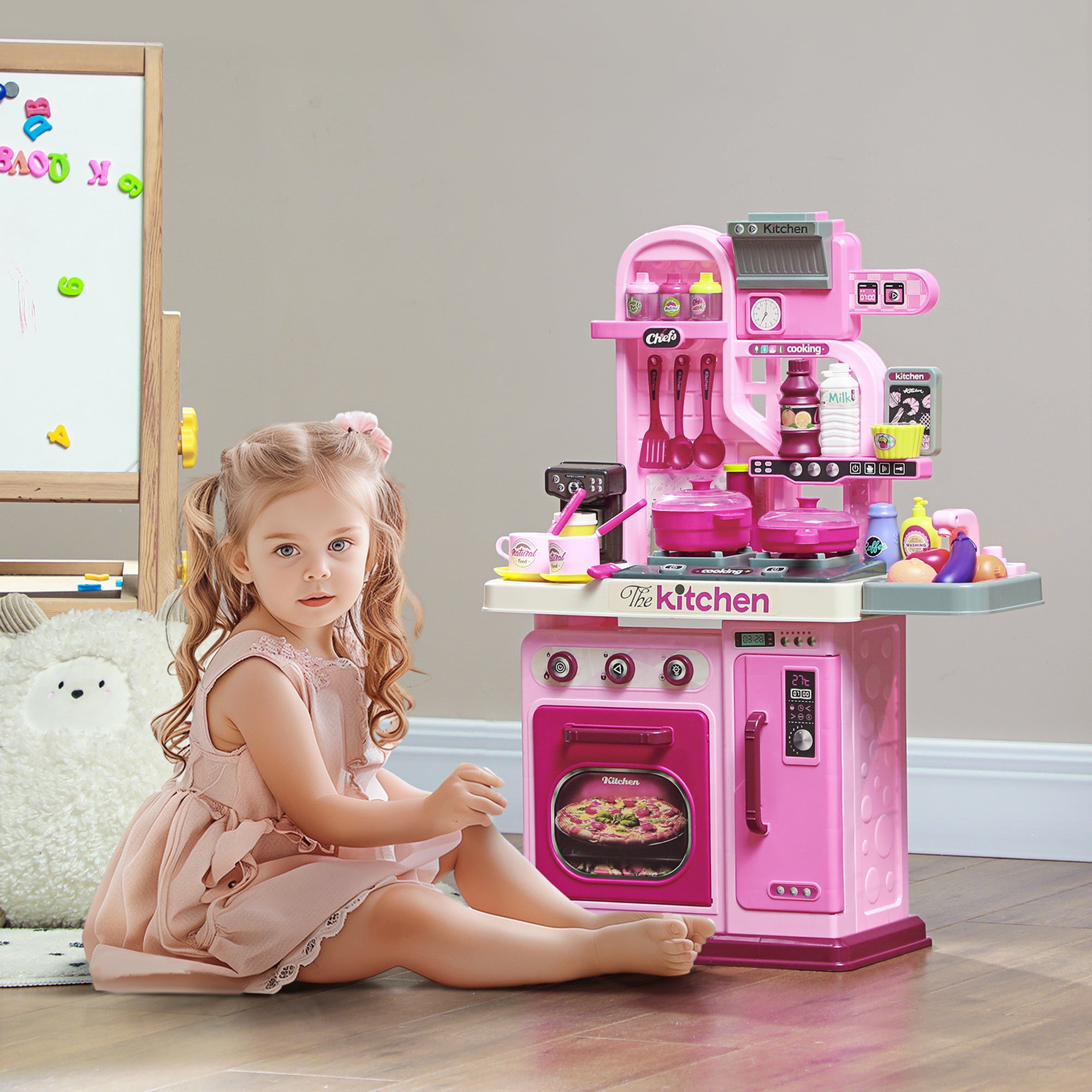 Kids Kitchen with 33 Piece Accessories, Lights, Sounds, Storage, for Children 3-6 Years, Pink